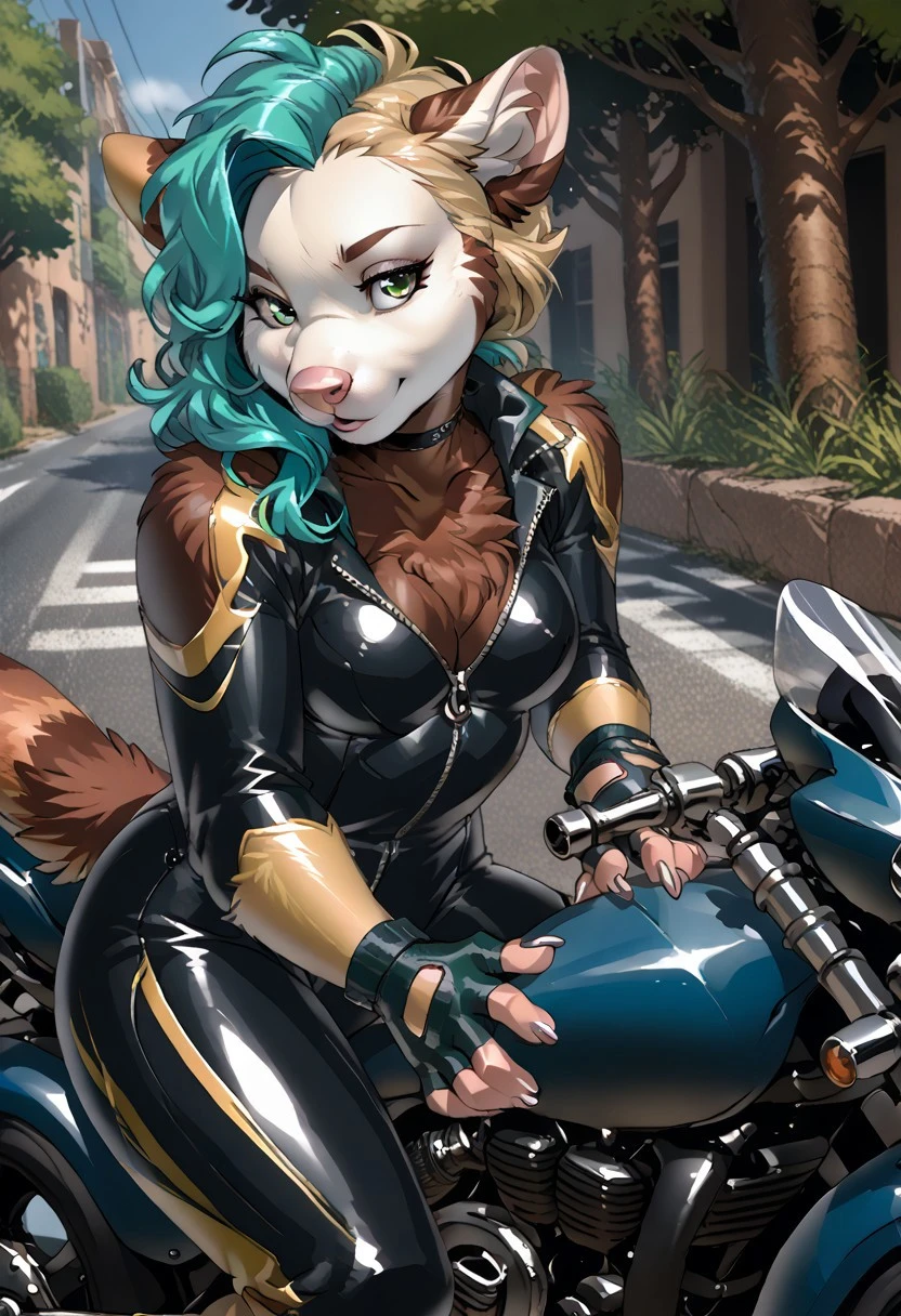 score_9, score_8_up, score_7_up, (by jailbird:1.5), (by kittydee:1.5), (by zummeng:1.5), masterpiece, best quality, (solo),
(Furry Art: anthro: tree-kangaroo:1.5), 1girl, expressive eyes, feminine eyes, <lora:beautiful_detailed_eyes:1>, perfect face, marsupial, multicolored fur, brown fur, blonde fur, white fur, pink animal nose, green eyes, (light blue hair:1.5), (straight hair), (asymmetrical haircut), medium breasts, (motorcycle bodysuit:1.5), (fingerless gloves:1.5),
