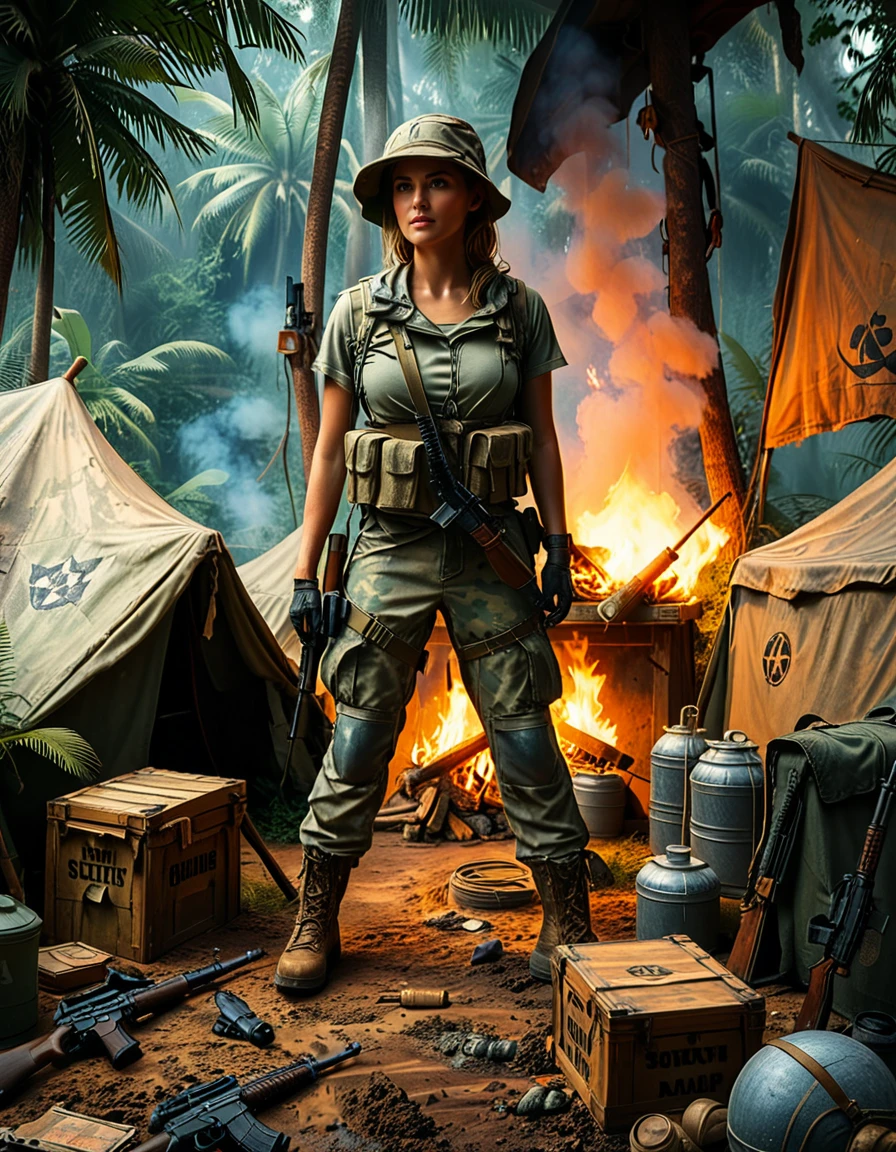 A high-resolution photograph of a battle-hardened female soldier standing tall in the middle of a rugged mercenary camp at dusk. She wears a tactical vest over a fitted combat shirt, with camouflage pants and sturdy military boots covered in dust. Her face is partially shadowed by a worn-out boonie hat, and her piercing eyes reflect determination and experience. A scar runs along her cheek, hinting at past battles.
Behind her, the mercenary camp is alive with activityâmen in tactical gear clean their weapons, a group studies a detailed map under the dim glow of a lantern, and a military jeep, covered in dirt and scratches, is parked near crates of ammunition. The atmosphere is tense, with smoke rising from a small firepit where a kettle boils. The jungle looms in the background, dense and shadowy, adding to the clandestine and dangerous feel of the scene. The image is ultra-detailed, with cinematic lighting and a gritty, high-contrast color palette that enhances the realism and intensity of the environment.
<lora:SDXLFaeTastic2400:0.4> <lora:extremely_detailed:0.4> extremely detailed, <lora:mercenary_c4mp:1>,mercenary c4mp, Masterpiece,best quality,hi res,8k,hi res,8k,award winning,(sharp focus, intricate, highly detailed),