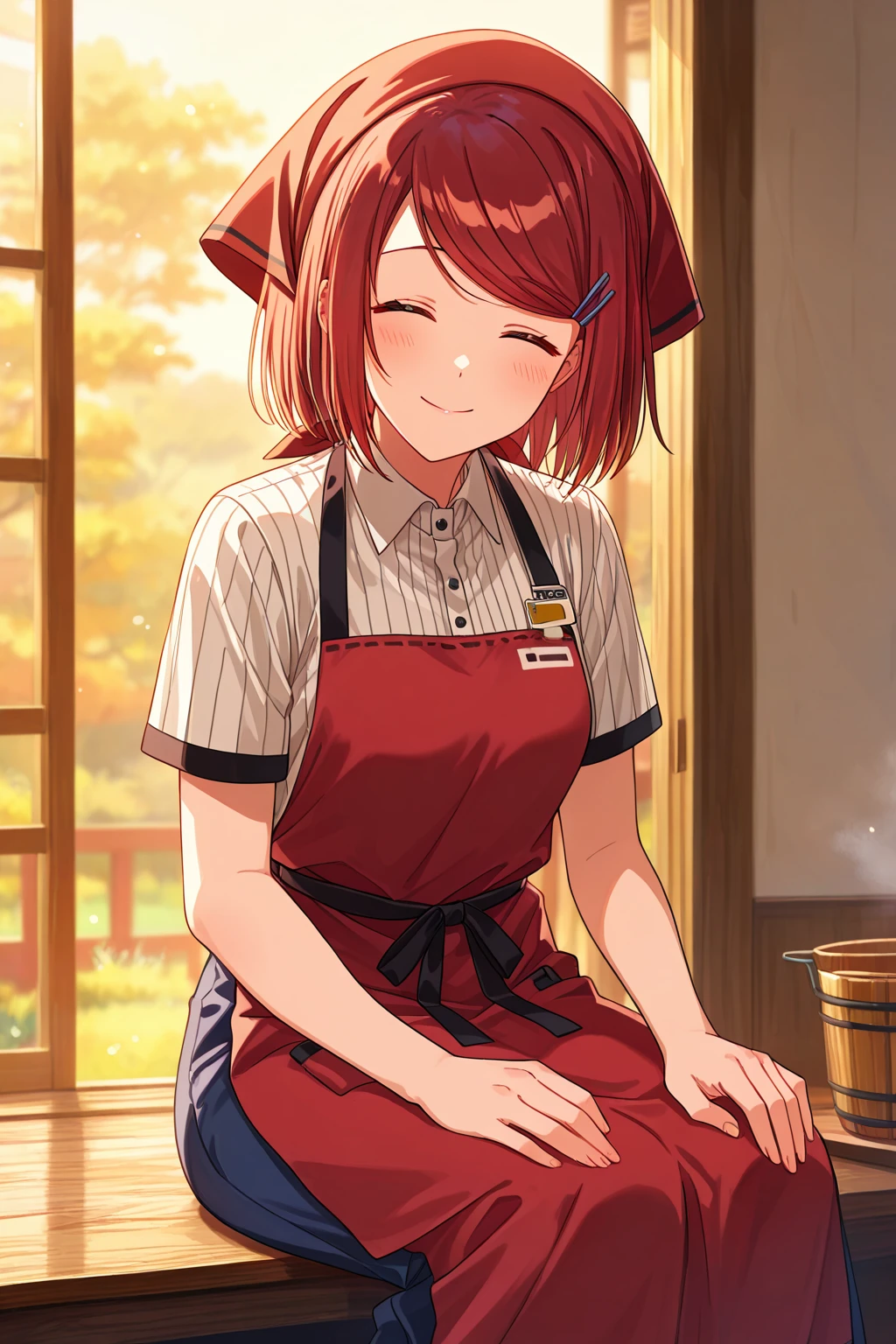 masterpiece, best quality, absurdres, safe
1girl yamada swept bangs short hair hairclip red hair
closed eyes, smile
red apron, head scarf
sitting, short sleeves
<lora:smoking_manga_il_2:1>