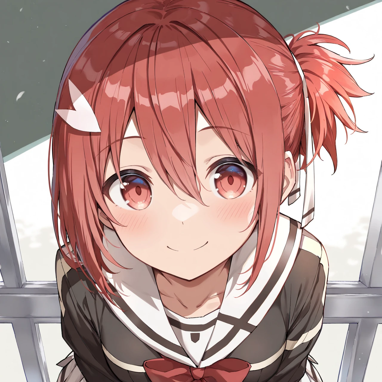 (masterpiece, best quality:2),Closed mouth, smile,Upper body,
<lora:Yuuki Yuna_Illustrious:0.8>,yuuki yuna,1girl, solo, hair ornament,hair ribbon,hair between eyes,red hair,red eyes,short side ponytail,black thighhighs,bow, ribbon,school uniform,white dress,long sleeves,white ribbon,black jacket,pleated_skirt,