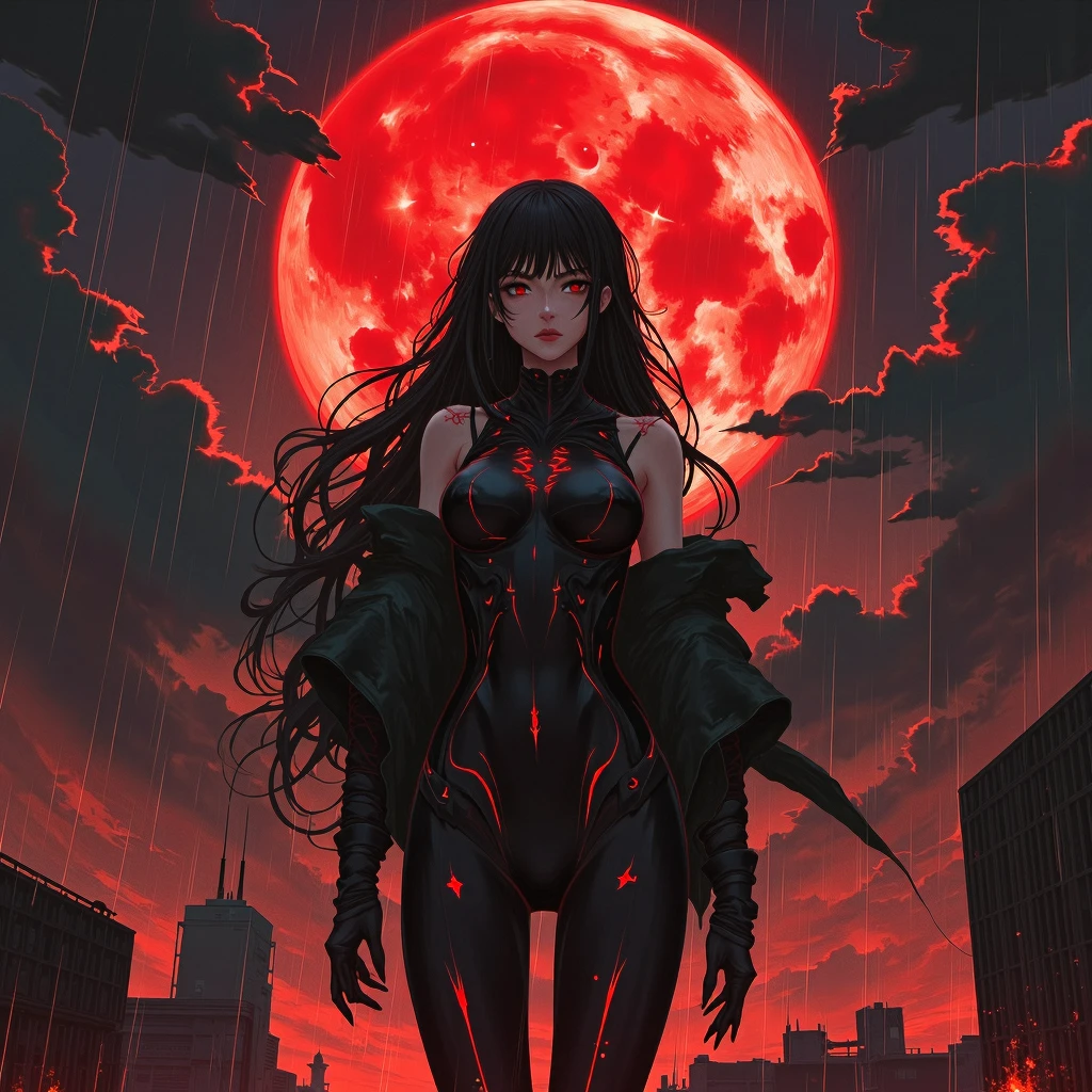 digart Surreal sci-fi digital art style, detailed, A digital illustration shoot from a slightly from below camera angle about a mysterious female figure standing in front of a large red moon, with a dark, ominous sky and a cityscape in the background. the image also shows a woman with long, flowing black hair and red highlights, standing confidently in the middle of the frame, wearing a black outfit with red accents. the woman appears to be in her late s or early twenties, with pale skin and a slender physique. she has a serious expression and is looking directly at the viewer, with her eyes half-closed and her mouth slightly open, as if she is about to speak. her hair is styled in long hair, and she has red highlights on her face and body, adding to the dark and ominous atmosphere of the image. the background features a large, glowing red moon in the sky, surrounded by dark clouds and raindrops, creating a dramatic and intense atmosphere, (no logo, no text, no watermark), (artstation:1.3)