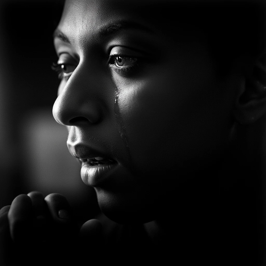 cinematic film still of <lora:sad crying style v1.5:0.9>
In crying style, a black and white photo of a closeup of a sad black person crying while biting own lips, solo, 1boy, closed mouth, monochrome, greyscale, male focus, portrait, close-up, realistic, crying, sad, teary face, tears, crying style, heart, symbol-shaped pupils, lips, photorealistic, closeup, dark skin, tear drop, shallow depth of field, vignette, highly detailed, high budget, bokeh, cinemascope, moody, epic, gorgeous, film grain, grainy