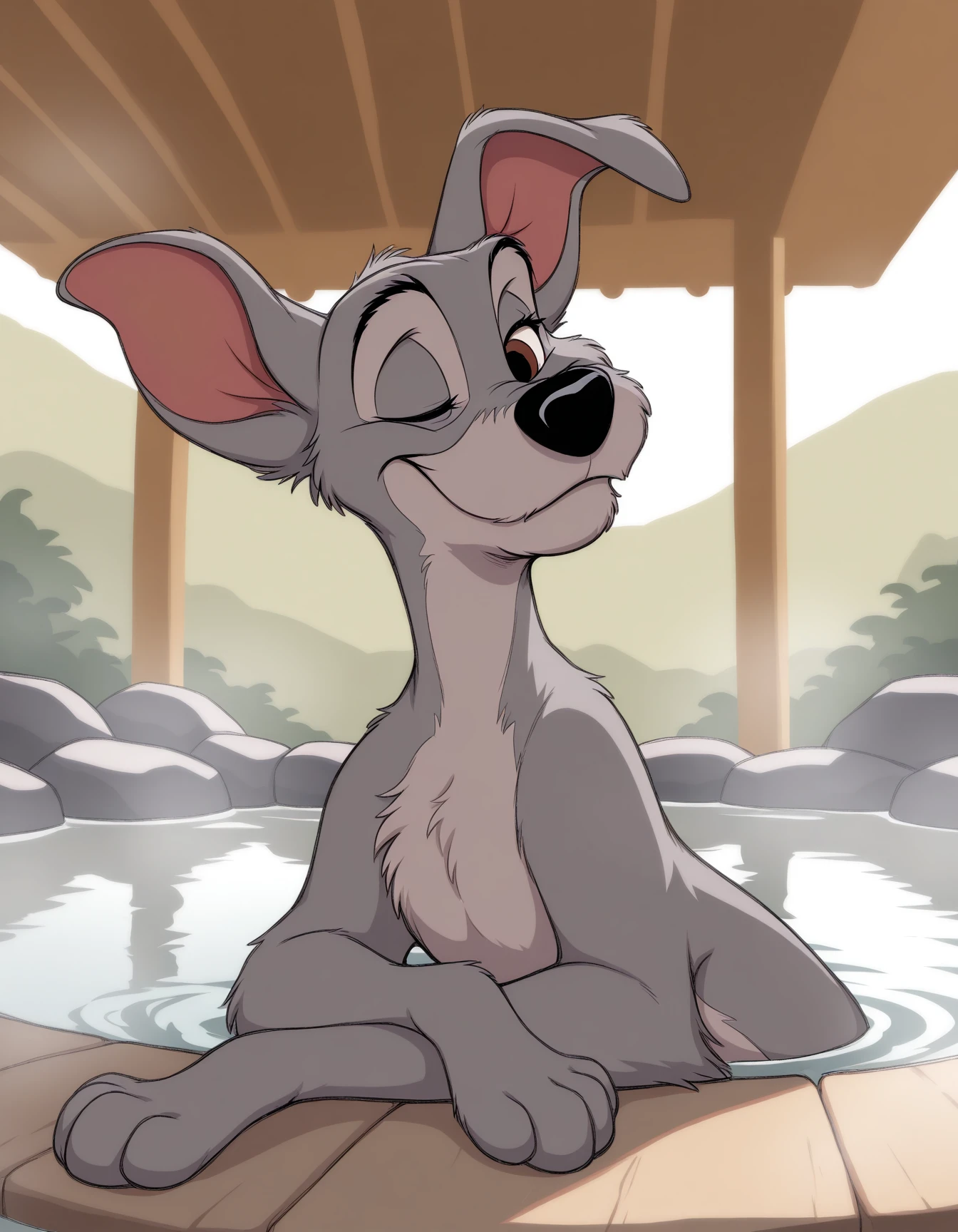 masterpiece, best quality, amazing quality, very aesthetic, high resolution, solo
Tramp, gray fur, disney, male, brown eyes, black nose, onsen, hot spring, partially submerged, sitting in water, relaxing, eyes closed, smile
<lora:Tramp_il:0.9>
