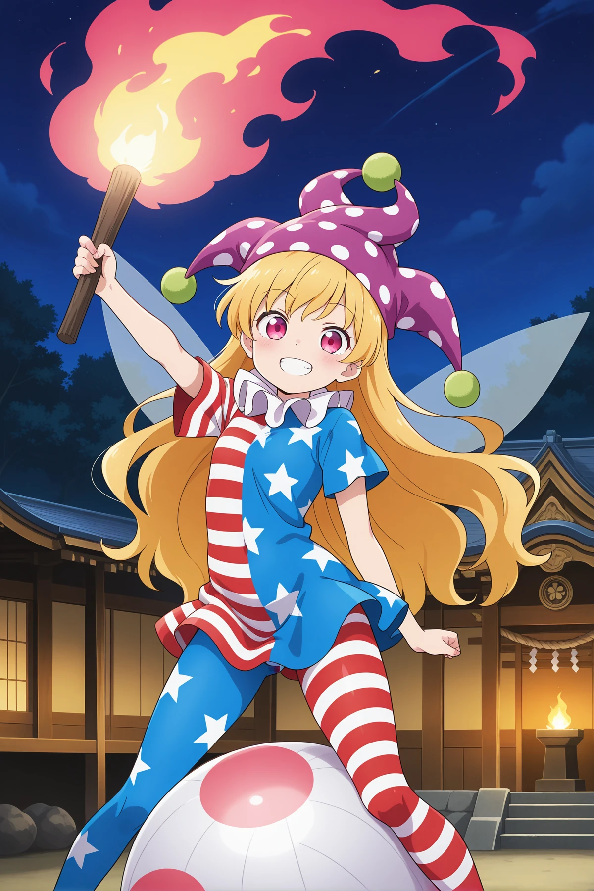 absurdres, highres, masterpiece, best quality, amazing quality, official anime artwork, screencap, anime screencap, outdoors, looking at viewer, smile, night,
<lora:Clownpiece_Illustrious:1> clownpiece, 1girl, solo, pink eyes, blonde hair, long hair, fairy wings,, jester cap, polka dot, inverted american flag legwear, american flag dress, star print, pantyhose, striped clothes,
dynamic pose, holding torch, balloons, balls, hakurei shrine, on a ball,