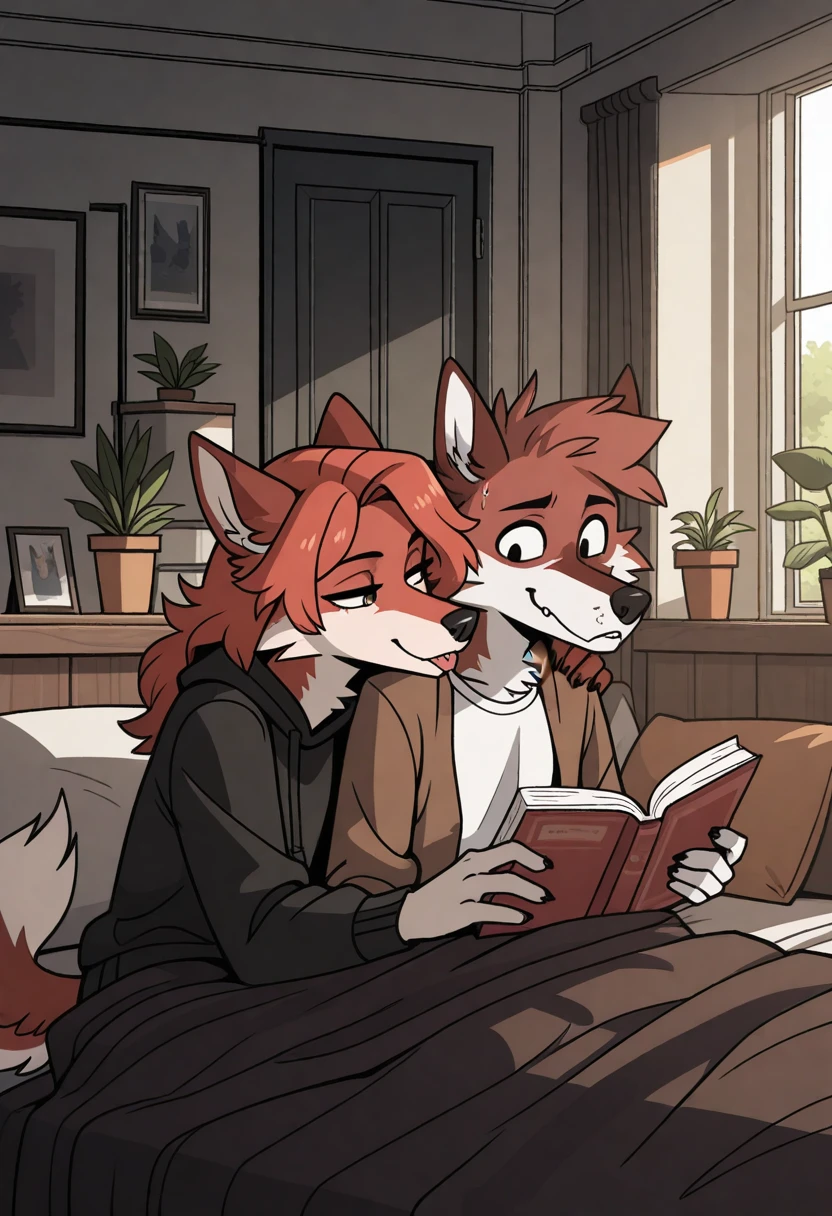 best quality, amazing quality, very aesthetic, absurdres, newest, by cocadope, duo, room, plants, BREAK
furry, male, 2boys, wolf, two-tone fur, reading book, seductive, flirting, detailed background, <lora:Cocadope_style_Illustrious:1>