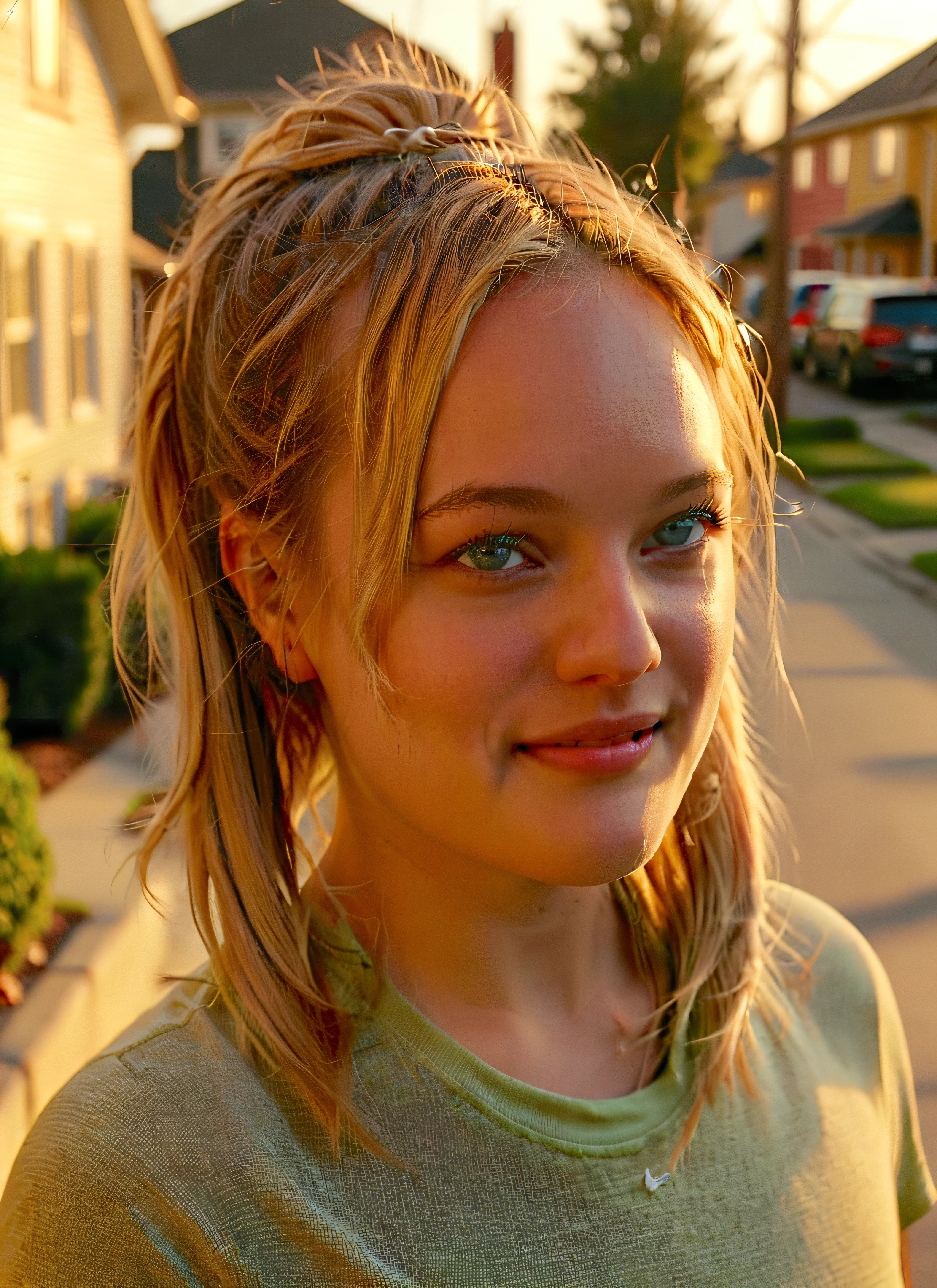 Masterpiece, photorealistic 8K film still, analog style, flux-style, film grain. Image of moss, walking through the neighborhood, dressed in workout clothes after a run, her beautiful face with captivating blue eyes framed by her short dirty blonde bob pulled back into a pony tail. She has full and slightly parted lips, and tiny gap between her top two middle front teeth. The background features a suburban street lined with houses, each with siding of various colors and white trim, and neatly manicured lawns. The sunlight casts long shadows, creating a warm and inviting atmosphere. The image captures a moment of euphoria and natural beauty accentuated by the textures of her clothing and the soft, golden light of the setting sun. Cinematic photography, movie mood, cinematic light, compelling composition, storytelling elements, conveys emotion, mood, and narrative depth.
