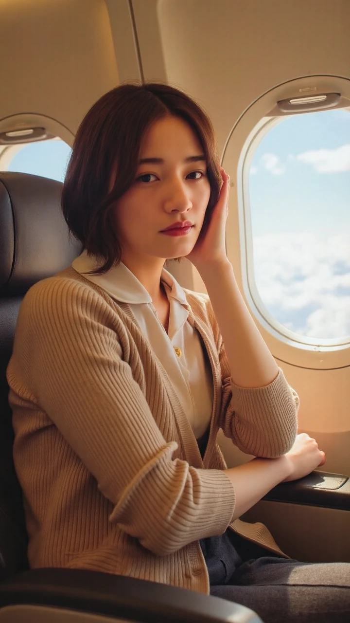 The model is dressed in a beige knitted cardigan paired with a white silk shirt, with a fitted dark gray pencil skirt on the lower body, outlining the elegant silhouette of a professional woman. Her arms are crossed and placed on the small table in front of the seat, her cheek lightly resting on her arm as she sleeps. The knitted cardigan naturally slips off her rounded shoulders, revealing the graceful shoulder and neck lines outlined by the white shirt. Her long black hair is loosely draped, with a few strands playfully falling to the side of her face, reflecting a faint golden glow under the sunlight streaming through the window. Her delicate makeup reveals a hint of fatigue, with long eyelashes casting a soft shadow on her cheeks, and her pale pink lipstick has faded, showing a natural flush.
The shooting angle is chosen from slightly above the rear seat, looking down through the gap between the front seats, creating a voyeuristic sense of private observation. Bright sunlight slants in through the window, casting soft light and shadow layers on her, injecting warmth into the scene. The background is treated with a large aperture blur, turning the airplane cabin into warm color blocks. Outside the window is a bright blue sky dotted with white clouds, forming a harmonious contrast with the warm tones inside. The overall image adopts a bright and fresh color palette, showcasing both the fatigue of an urban professional woman and a touch of poetry and tenderness. The composition places the model at the golden ratio point on the right side of the frame, using the seat's structural framework to guide the viewer's focus to the subject.