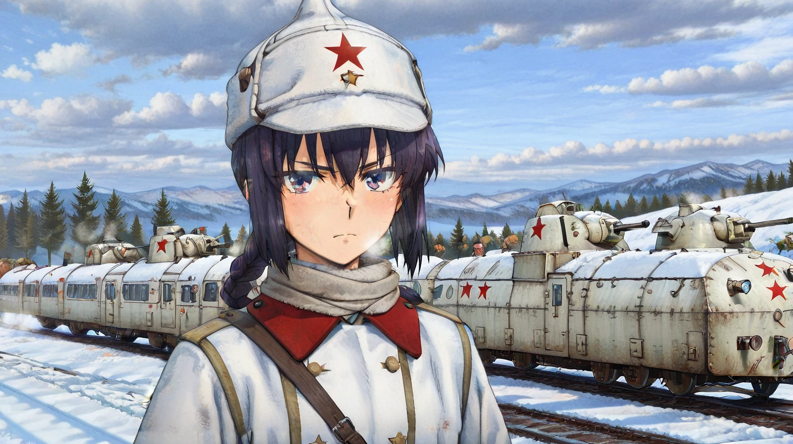 masterpiece, best quality, absurdres, detailed skin, detailed face, detailed eyes, anime colored, anime screencap, anime colored,
<lora:Yamato_Takeru:0.8>, yamato takeru, 1 boy, looking at viewer, solo, serious, up close, male focus,
<lora:Soviet_Red_Army-1918:0.7>, red army uniform, white coat, white hat, soviet, female focus, sheath,
<lora:armored_train:0.6>, armored train, caterpillar tracks,
plain, snow, winter,