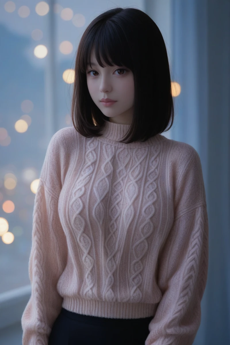 masterpiece, 1girl, 20 years old, 8k, hd, beautiful girl, black hair,
pale skin, beautiful face, beautiful woman, sweater, looking at viewer,
fading backlit background,amazing depth,double exposure,
intricately detailed,bokeh, realistic,