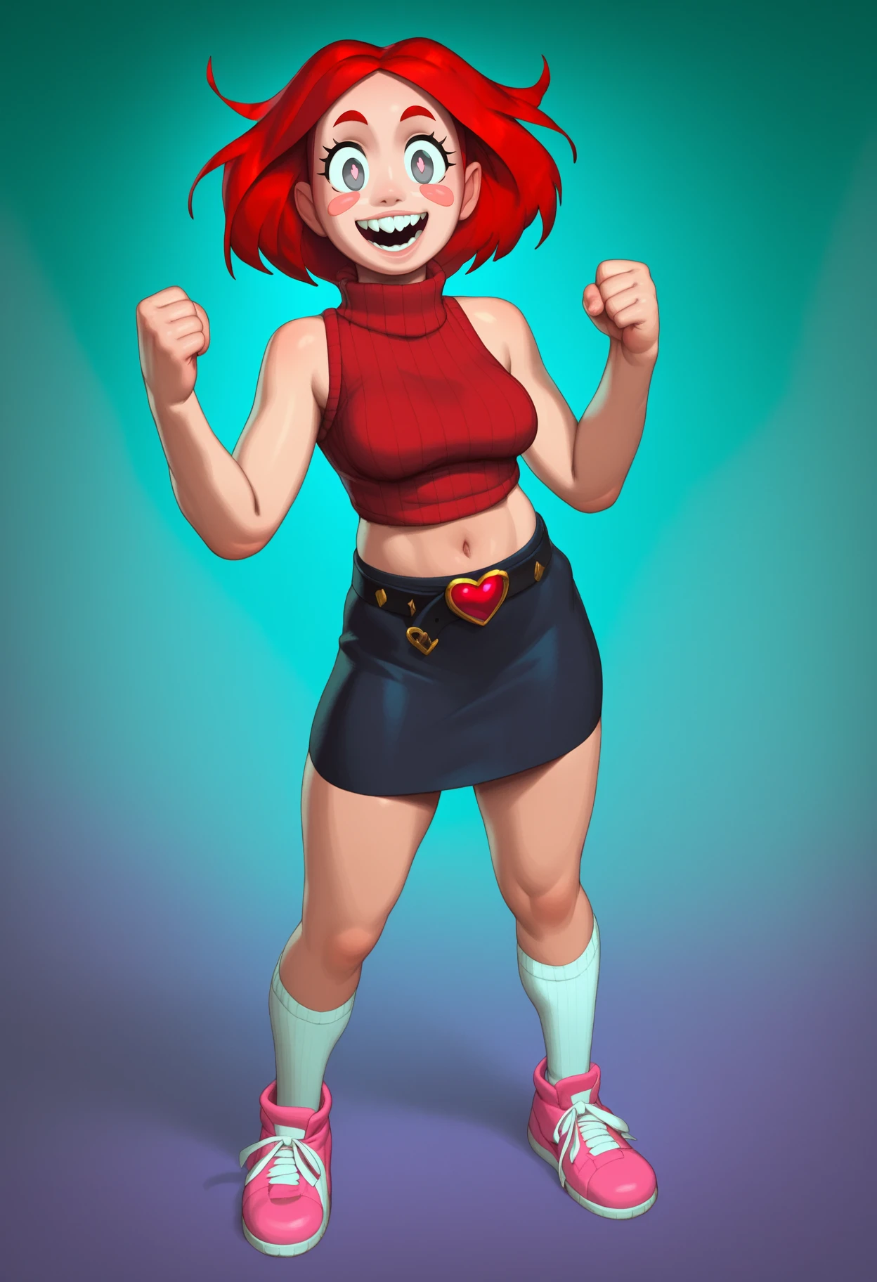 score_9, score_8_up, score_7_up, score_6_up, score_5_up, score_4_up, rating_safe, realistic, BREAK
1girl, skirt, solo, red hair, full body, open mouth, black eyes, smile, pink footwear, heart, looking at viewer, belt, sleeveless, blush, breasts, shoes, short hair, midriff, blue background, socks, crop top, teeth, upper teeth only, sweater, clenched hand, blush stickers, sneakers, medium breasts, gradient background, white socks, parted bangs, bright pupils, grey eyes, personification
<lora:RizDraws_v2:1>