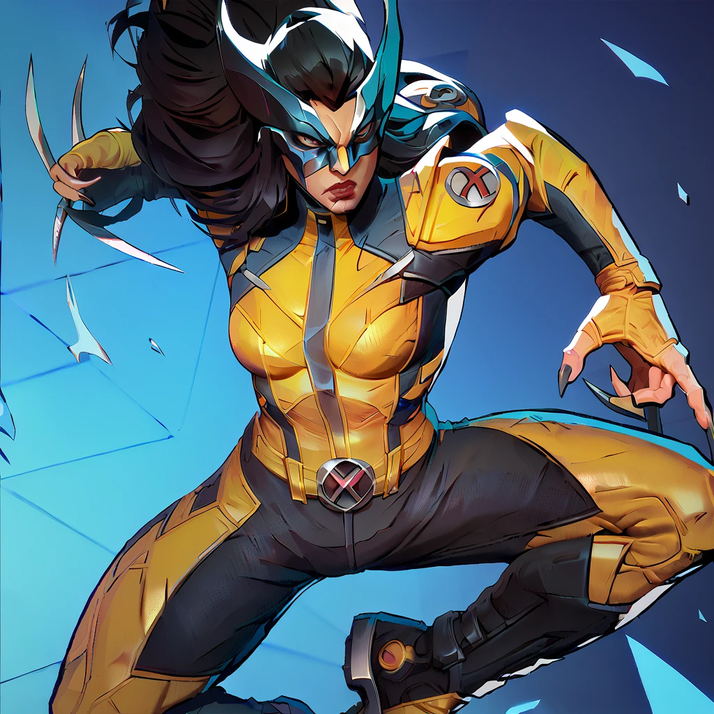 score_9,score_8, score_8_up,score_7, <lora:x23Pony:1>, x23wolv,1girl,black hair, yellow bodysuit,claw(weapon), long hair, mask, <lora:last:1> ,mrvlrvls 1girl, full body, fighting pose