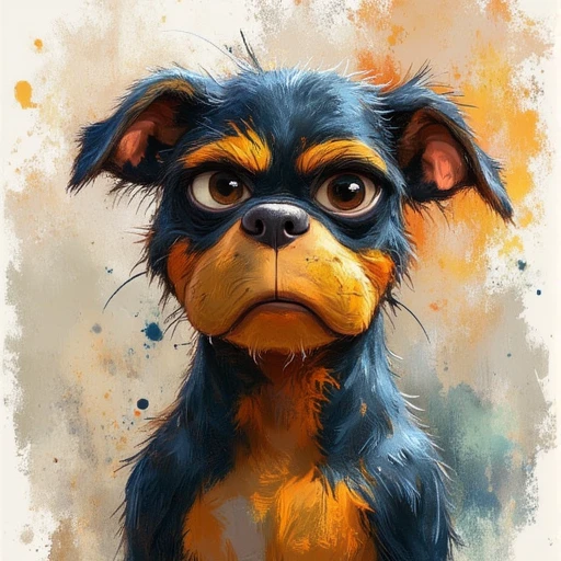 Digital illustration with a stylized and painterly aesthetic, featuring exaggerated proportions and visible brushstrokes. The style combines bold outlines with vibrant and contrasting colors, creating a dynamic and expressive feel. The textures are rich and layered, with a mix of sharp details and soft, abstract elements. The background is abstract and painterly, using muted tones with splashes of complementary colors, enhancing the overall composition. The focus is on a semi-realistic yet caricature-like approach, blending realism with expressive, exaggerated artistic elements.