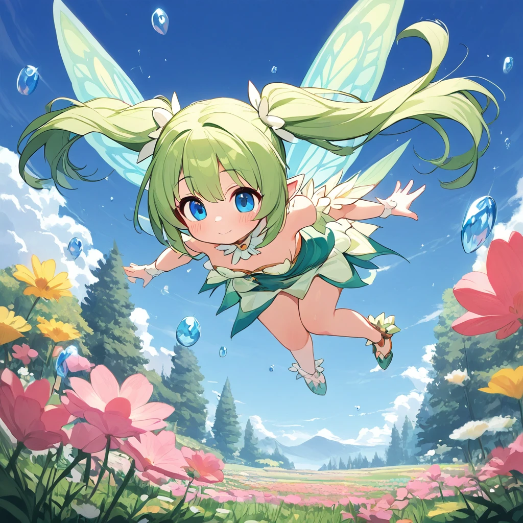 fantasy world; Bright colors, Indescribably sweet, Cartoon style, Style Fairy Tale; Charming graceful elf, in full height, in a tiny translucent petal bikini, wet through and through, Dancing in the rain, barely touching the ground with your feet;, Wet long hair splashes water, humid, moist, shiny skin, Graceful pirouettes, Plastic movements, Playful mood, joyful smile, eye shine; A magical forest; The rain is clearly visible; oblique rays of the sun; A rainbow is visible in the distance; The background is slightly blurred; high quality textures, higly detailed, realistness