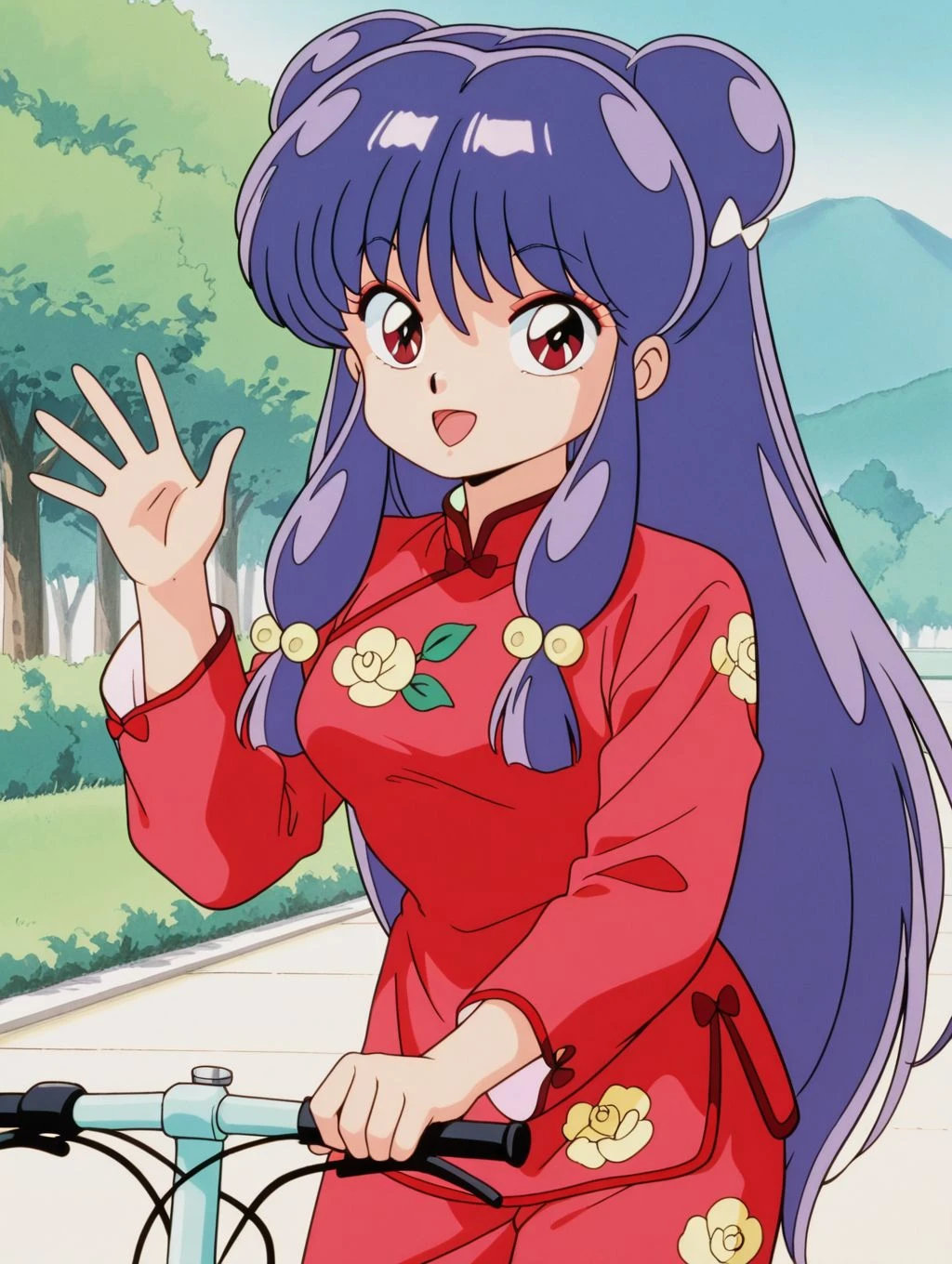 masterpiece, best quality, newest, absurdres, highres, detailed eyes, beautiful, detailed background, perfect eyes, anime coloring, anime screencap, retro artstyle, 1990s \(style\), 1girl, solo, shampoo \(ranma 1/2\), purple hair, long hair, sidelocks, hair bobbles, double bun, hair ribbon, red eyes, medium breasts, chinese clothes, red shirt, flower print, long sleeves, red pants, riding bicycle, waving, looking at viewer, smile, open mouth, (outdoors), <lora:sh4mp00_rnm-08:0.8>