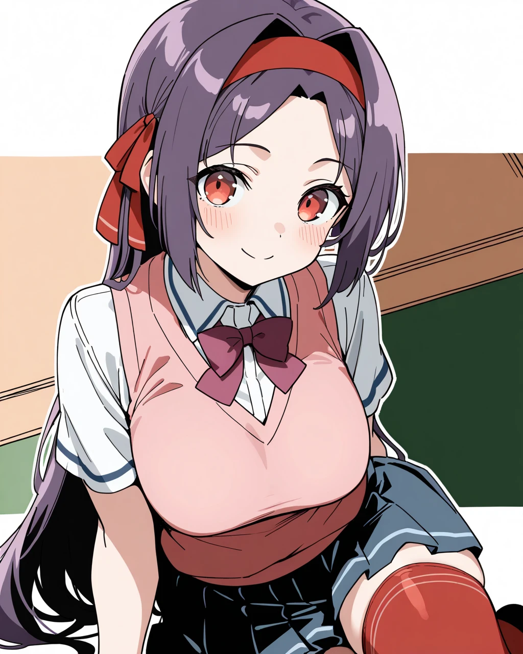 (((masterpiece))) ((( background : school theme : school hallway) ((( character : chu: a girl bully : fit body : small breast : long smooth hair : school uniform : earrings : menacing sinister grin : cleavage : hands on hip : )