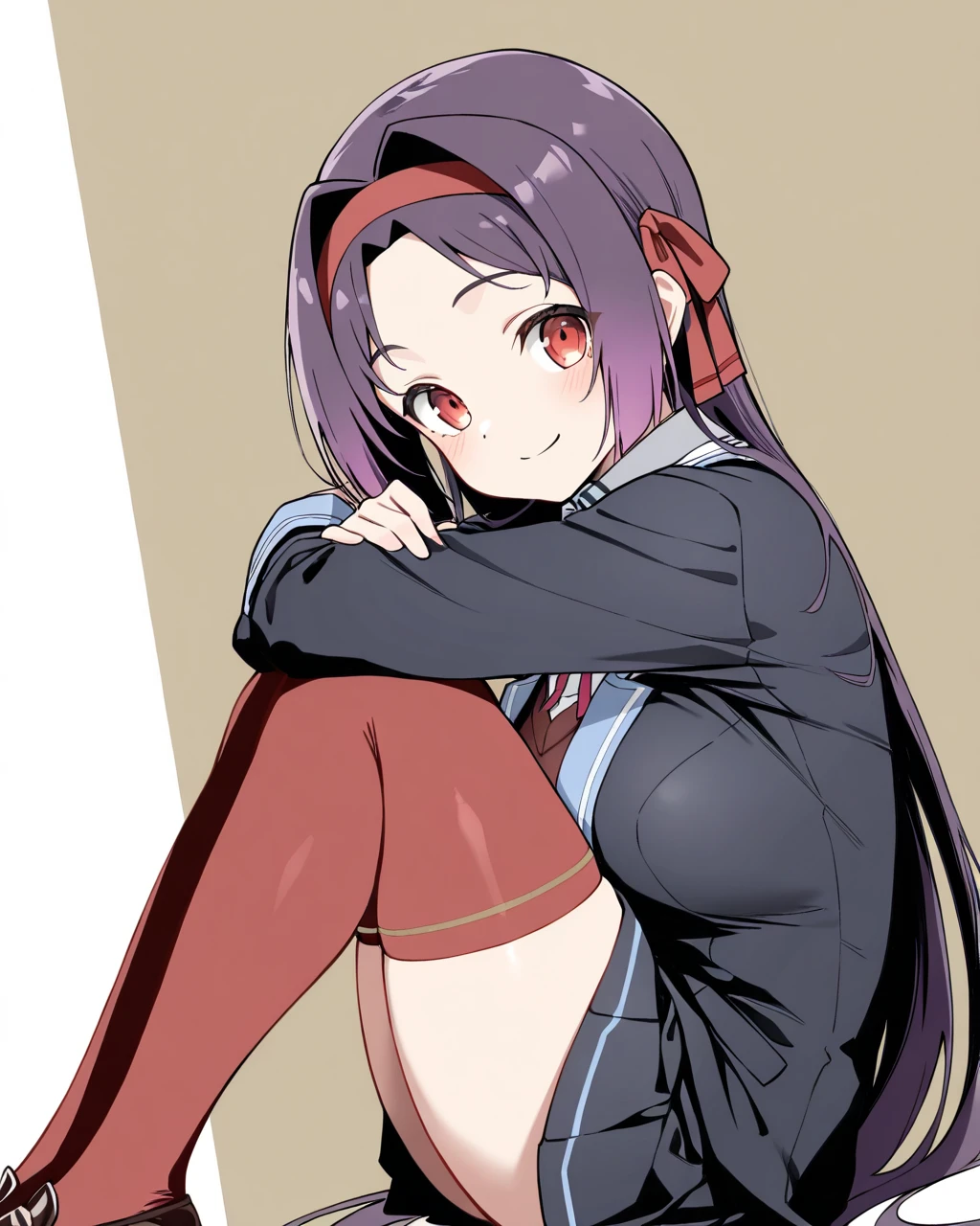 masterpiece, best quality, 1girl, solo, komi-san wa komyushou desu, gym uniform, sitting, looking at viewer, street, wall, cowboy shot