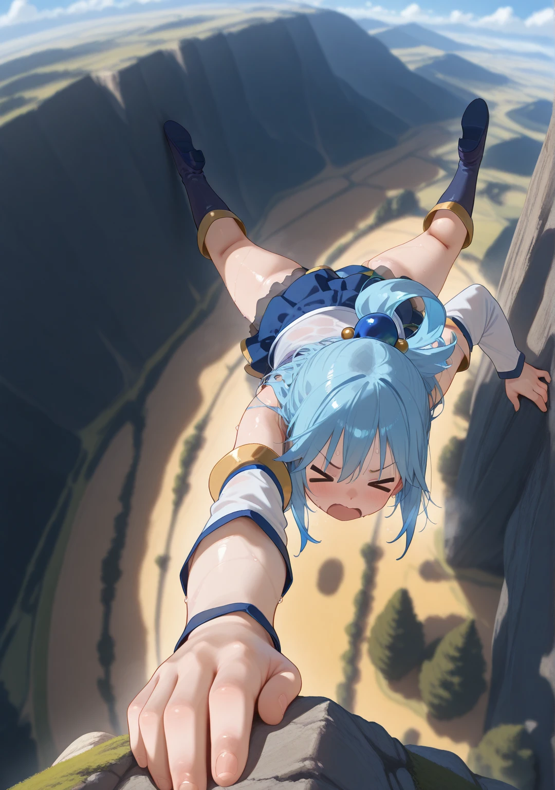masterpiece,best quality,amazing quality,1girl,
<lora:SOS_Climbing:0.7>,SOSCLB,climbing,(from high above:1.5),floating hair,scenery,depth of field,sweat,aqua \(konosuba\),<lora:AIã¤ã©ã¹ããããã_style_illustrious_goofy:1>,> <,,
