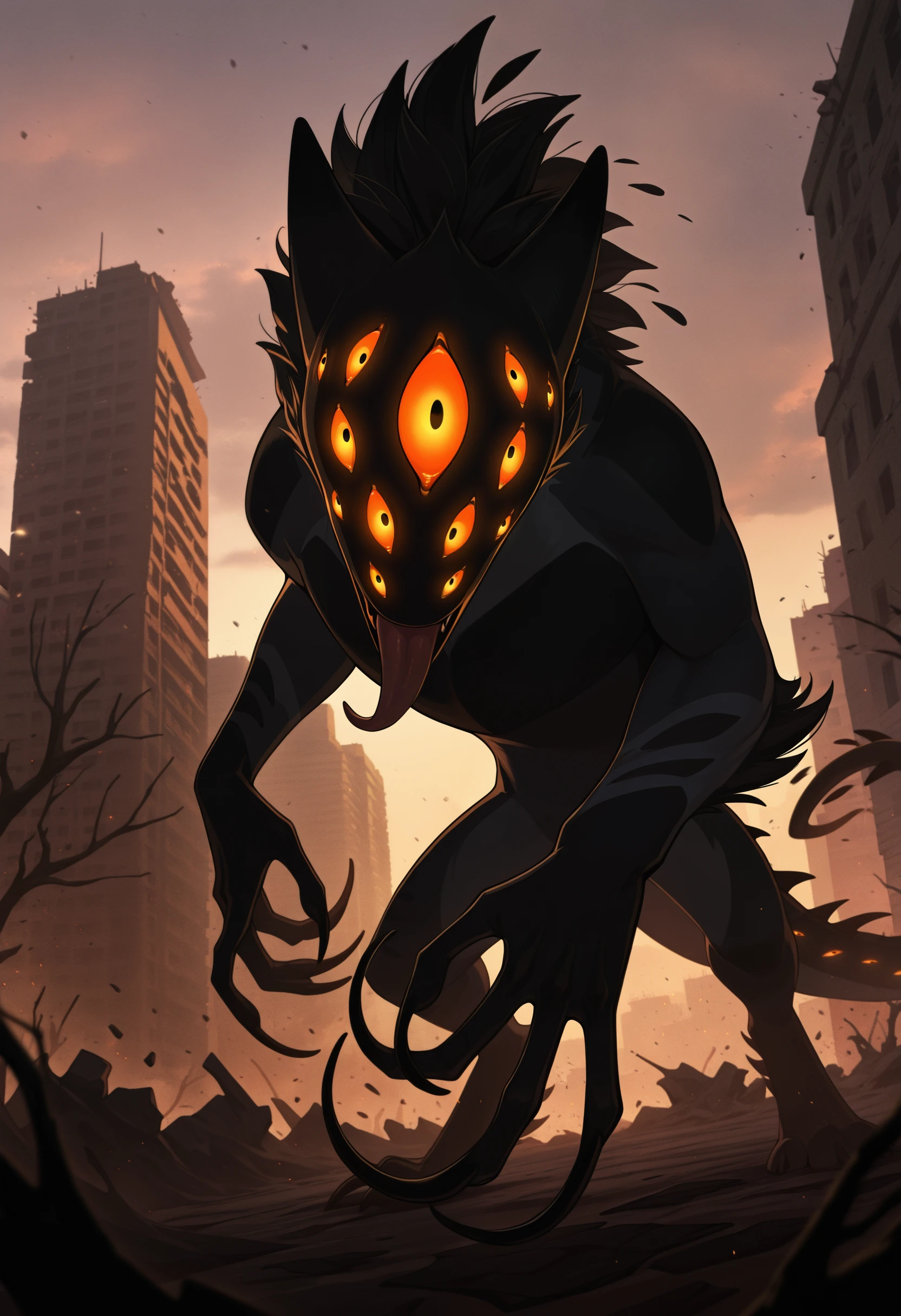 photorealism, photorealistic, chromatic aberration, depth of field, detailed background, eye reflections, reflections, detailed body, dutch angle, male, solo, 1boy, adult, male focus, tail, male focus, looking at viewer, j3rry_cos, extra eyes, (huge feral:1.15), no humans, solo, glowing eyes, (close up, radiation, ashes, dust, worried, wastelands, zombie apocalypse, infection, particles, broken cars, devastation, destruction, withered plants:1.05), paws up, long claws, high angle, (open mouth, tongue out:1.15), masterpiece, best quality, amazing quality, very aesthetic, absurdres, newest, (artist:syuro:0.8), (artist:nomax:0.5), (artist:honovy:0.6), (artist:kenket:0.6), (artist:taran fiddler:0.6), <lora:Jerry_Creatures_Of_Sonaria_Illustrious:1.0>,