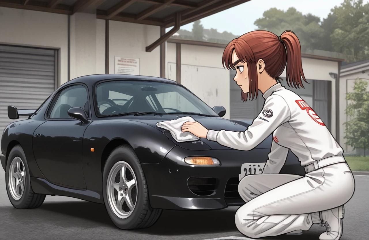 masterpiece, best quality, <lora:IwaseKyoukoVer3:1> iwase kyouko, thick eyebrows, medium breasts, ponytail, car black fd-3s, garage, white racing suit, sweatdrop, cleaning car, on one knee, from side,