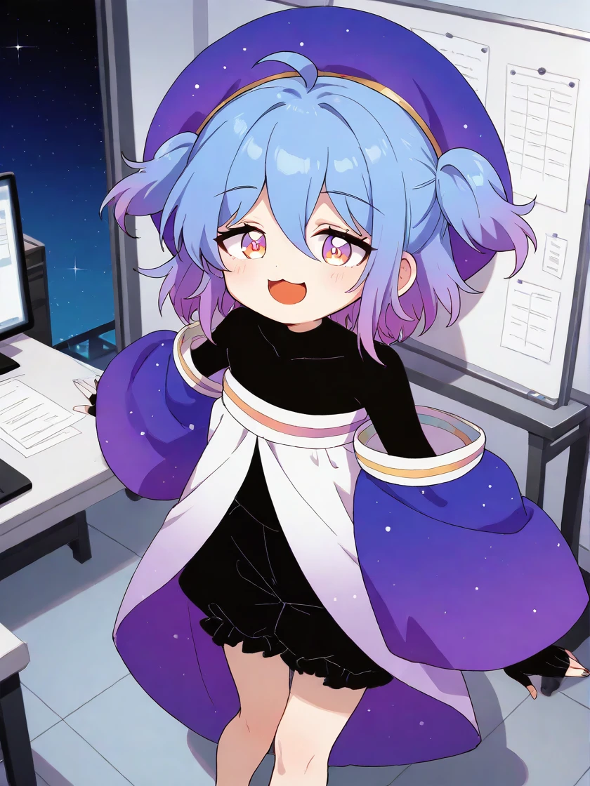 score_9, score_8_up, score_7_up,source_anime, high res image, (masterpiece, best quality:1.4), clear skin,
(shiny skin, glistening skin, shiny body, shiny face:0.6), <lora:Expressive_H:1>, expressiveh, <lora:add-detail-xl:1>,
1girl, solo,
<lora:coco_euphorianic_illustrious-10:1>,
coco (euphorianic), looking at viewer, :d, (cute face:1.2),
:3,
flat chest,
barefoot, bare legs,
headwear, purple headwear, blue headwear, purple headwear, hat, large hat, beret,
purple eyes, orange eyes, yellow eyes, multicolored eyes, bright pupils,
blue hair, purple hair, multicolored hair, two-tone hair, gradient hair, short hair, two side up, short twintails, medium hair,
ahoge, hair between eyes, bangs,
coco (euphorianic) (default),
black sweater, sweater, bodysuit, black bodysuit, covered collarbone, shirt, black shirt,
robe, open robe, white robe, purple robe, multicolored robe, turtleneck, multicolored clothes, open clothes, two-sided fabric, jacket, multicolored jacket, white jacket, purple jacket,
wide sleeves, puffy sleeves, sleeves past wrists, off shoulder, starry sky print, puffy long sleeves, detached sleeves,
gloves, fingerless gloves, black gloves, elbow gloves,
bloomers, baggy bloomers, black bloomers, shorts, baggy shorts, black shorts,
monitor, starry sky, desktop, table, white walls, falling star, computer, whiteboard, indoors, laboratory, microscope, sheets of paper, observatory dome, standing, dynamic pose