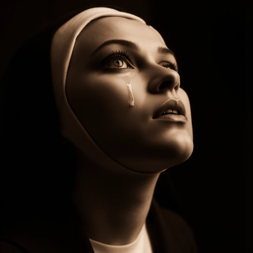 cinematic film still of <lora:sad crying style v1.5:0.9>
In crying style, a 1930's teary nun woman with a nun's head covering her face, 1girl, solo, simple background, 1boy, brown eyes, monochrome, male focus, parted lips, tears, lips, black background, portrait, realistic, sepia, brown theme, melodrama, themed, sharp, detailed, epic cinematic photography, artistic, dramatic light, cinematic color style, Kodak film style, crying style, crying, looking up, crying with eyes open, nun, habit, traditional nun, closeup, tear drop, looking at viewer, shallow depth of field, vignette, highly detailed, high budget, bokeh, cinemascope, moody, epic, gorgeous, film grain, grainy