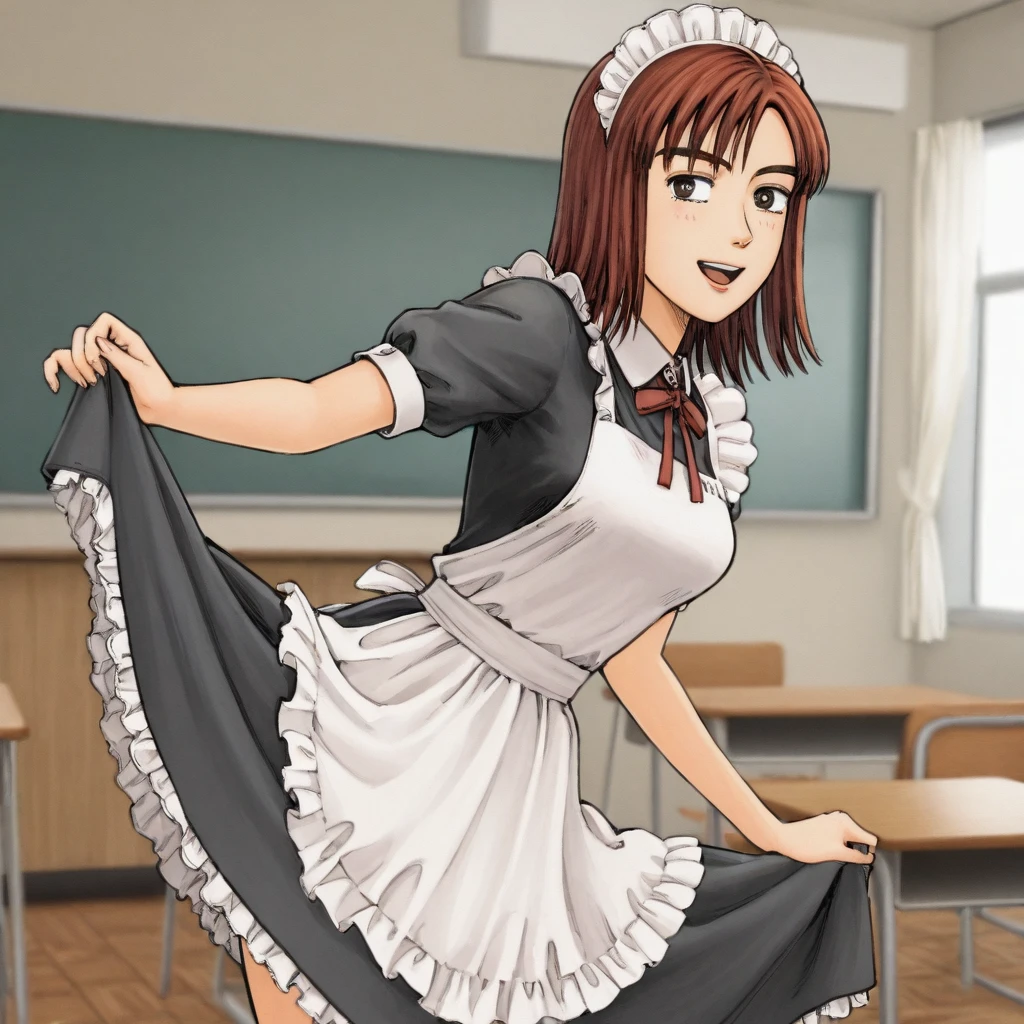 masterpiece, best quality, <lora:IwaseKyoukoVer3:1> iwase kyouko, thick eyebrows, medium breasts, maid, happy, cowboy shot, dress lift, frills, classroom, school festival,