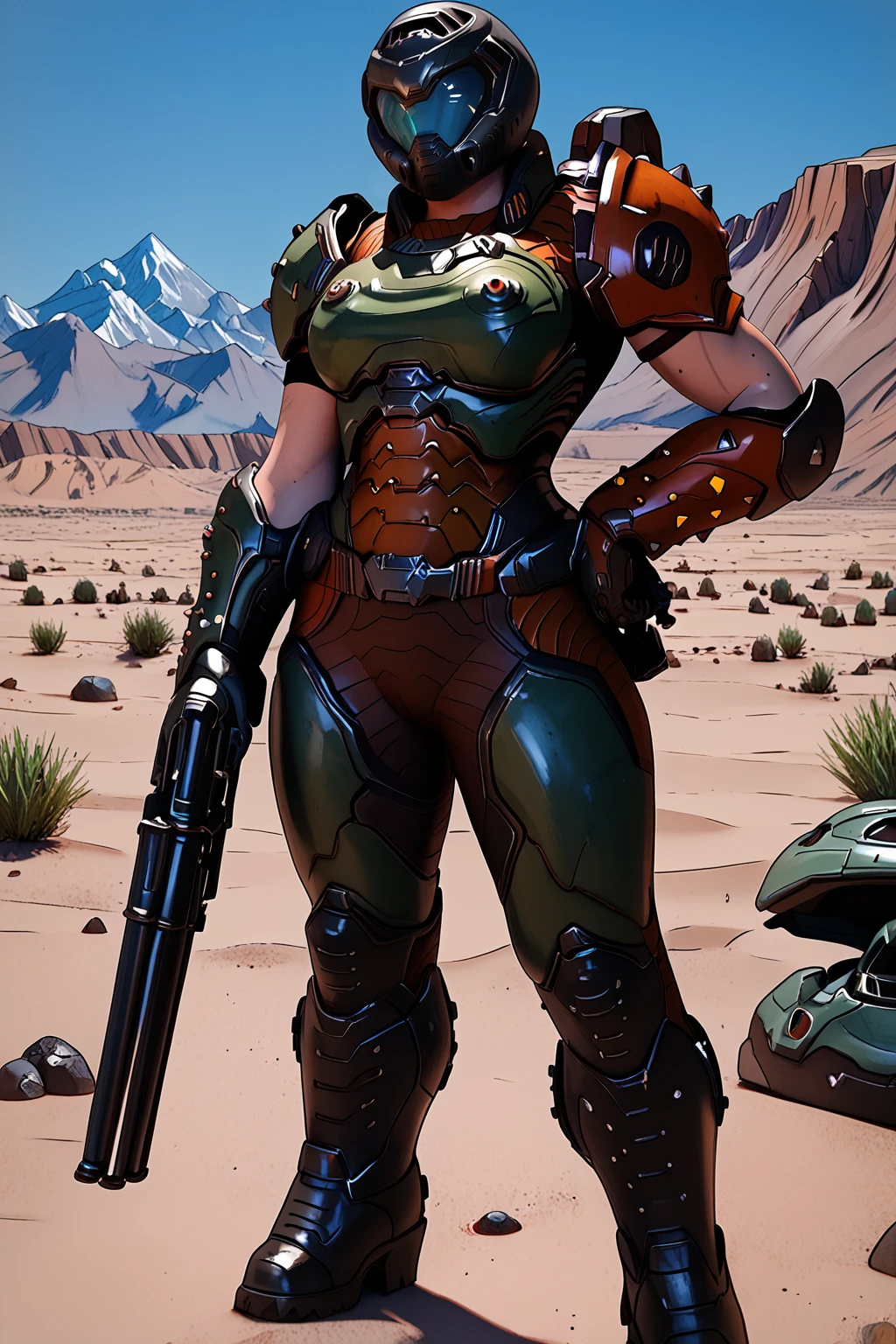 score_9, score_8_up, score_7_up, masterpiece, high quality, extreme detail, absurdres, (detailed skin texture) BREAK, 3d
<lora:Dc HuntressPonyLoRA:1>doomguy, dmgirl, helmet, power armor, shoulder armor, breastplate, gauntlets, boots, single shoulder cannon, holding shotgun, on mars, desert, mountains,
<lora:Sfrinzy stylePONYLYCO:1> sfrinzy,