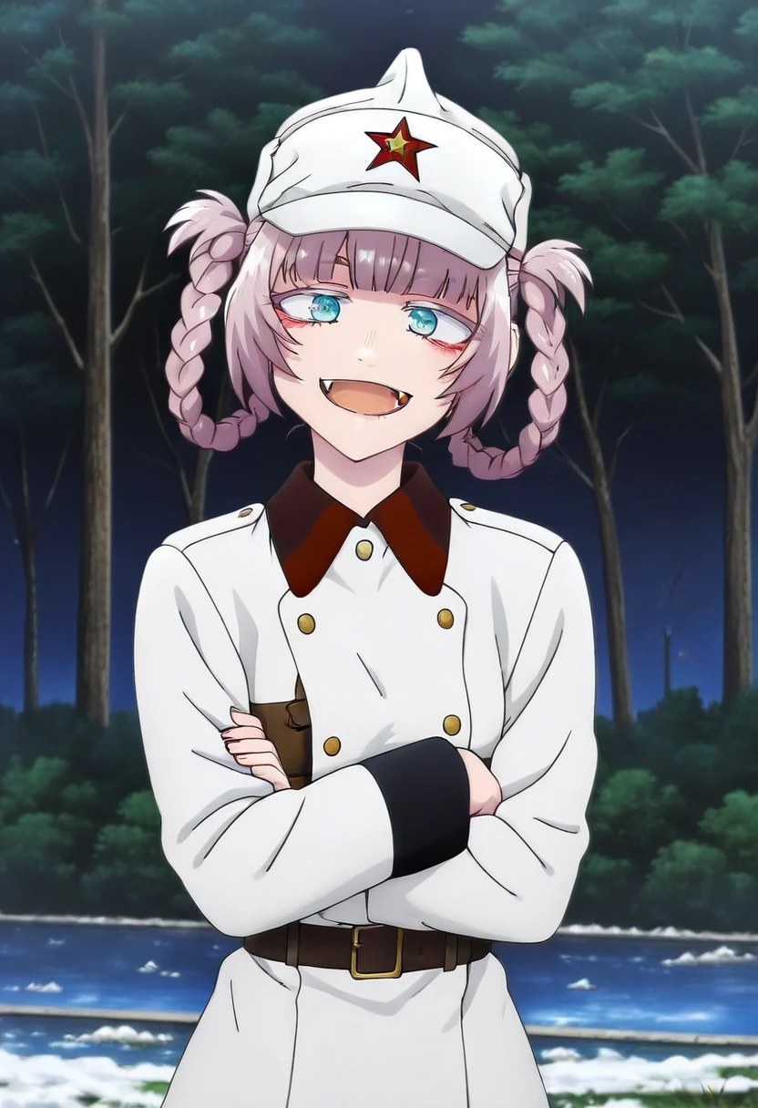 masterpiece, best quality, absurdres, detailed skin, detailed face, detailed eyes, anime colored, anime screencap, anime colored,
<lora:nanakusa_nazuna:1>, nanakusa, 1 girl, short hair, fangs, smile, looking at viewer, open mouth, head tilt, crossed arms,
<lora:Soviet_Red_Army-1918:0.8>, red army uniform, white hat, white coat, belt, soviet,
plain, tree, snow,
<lora:takeuchi_takashi_style_v01:1>,