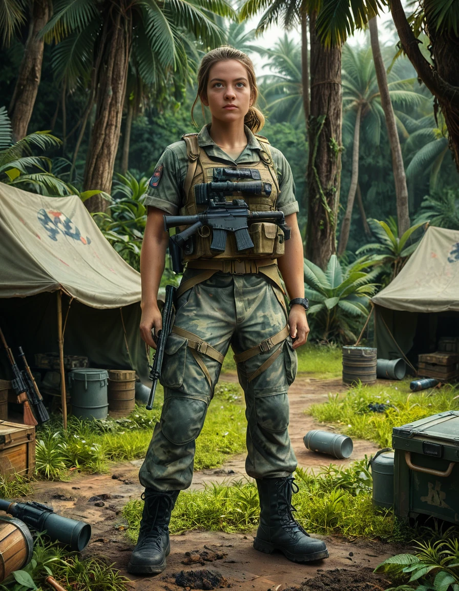A high-resolution photograph of a battle-hardened female soldier standing tall in the middle of a rugged mercenary camp at dusk. She wears a tactical vest over a fitted combat shirt, with camouflage pants and sturdy military boots covered in dust. Her face is partially shadowed by a worn-out boonie hat, and her piercing eyes reflect determination and experience. A scar runs along her cheek, hinting at past battles.
Behind her, the mercenary camp is alive with activityâmen in tactical gear clean their weapons, a group studies a detailed map under the dim glow of a lantern, and a military jeep, covered in dirt and scratches, is parked near crates of ammunition. The atmosphere is tense, with smoke rising from a small firepit where a kettle boils. The jungle looms in the background, dense and shadowy, adding to the clandestine and dangerous feel of the scene. The image is ultra-detailed, with cinematic lighting and a gritty, high-contrast color palette that enhances the realism and intensity of the environment.
<lora:SDXLFaeTastic2400:0.4> <lora:extremely_detailed:0.4> extremely detailed, <lora:mercenary_c4mp:1>,mercenary c4mp, Masterpiece,best quality,hi res,8k,hi res,8k,award winning,(sharp focus, intricate, highly detailed),