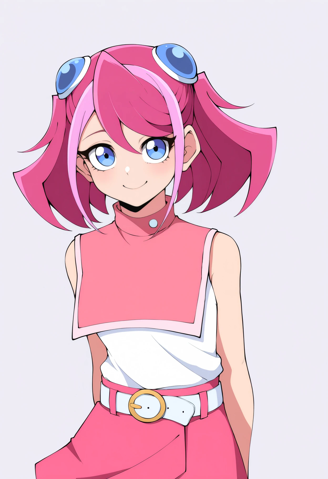 best quality, amazing quality, very aesthetic, absurdres, thick lineart,
1girl, zuzu boyle, pink hair, blue eyes, short twintails, two-tone hair,
casual, belt, pink skirt, sleeveless,
upper body,
smile, looking at viewer, solo, simple background, white background, <lora:ZuzuBoyleNoobXL_byKonan:1>