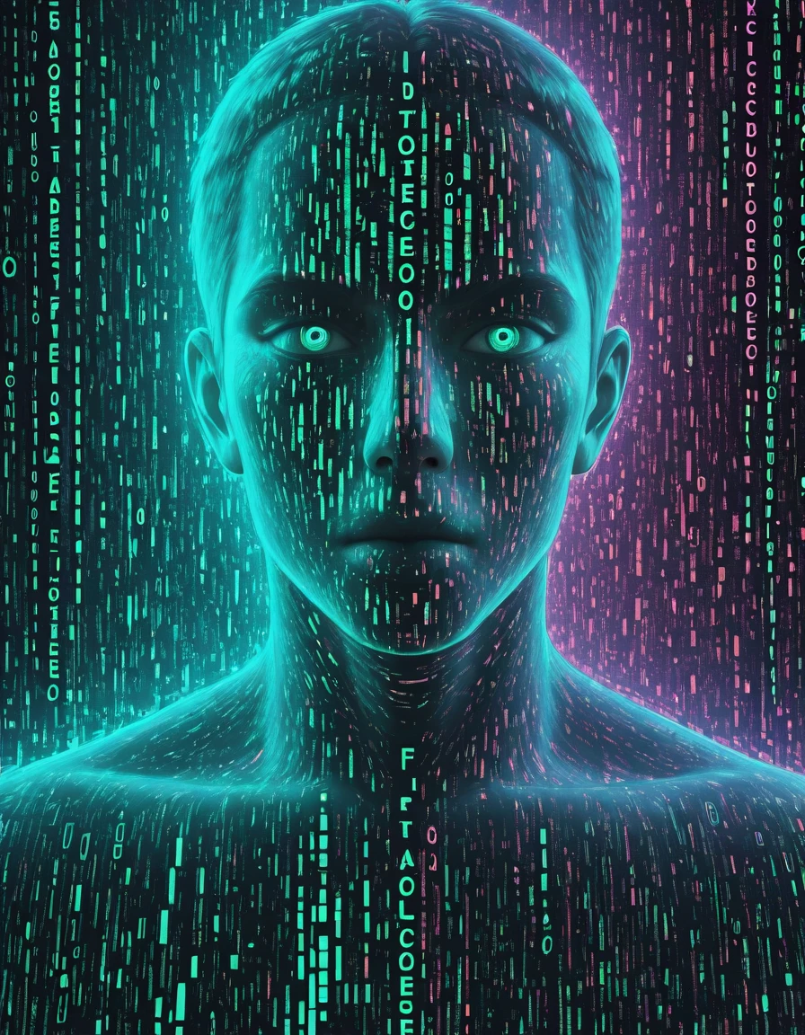 Glitchcore Art Style, detailed, mmatrix-style, silhouette, code, text focus, glitch, digital dissolve, 1boy, dynamic, dramatic, distorted, vibrant colors, glitchcore art style