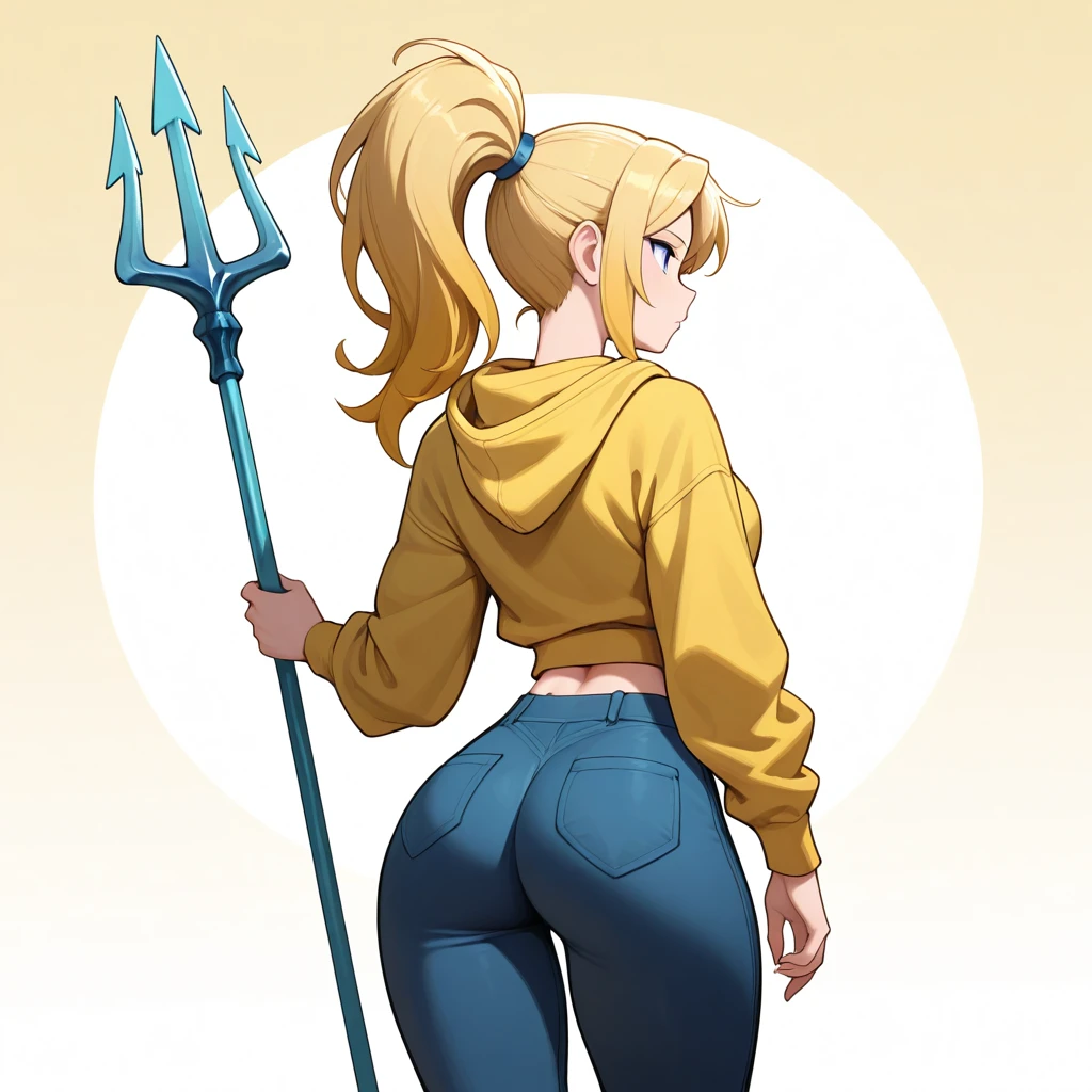 masterpiece, best quality, HoldingTrident, holding trident, 1girl, solo, blonde hair, high ponytail, blue eyes, yellow hoodie, back pants, cowboy shot, <lora:HoldingTrident_illustrious_Leaf1-000010:1>