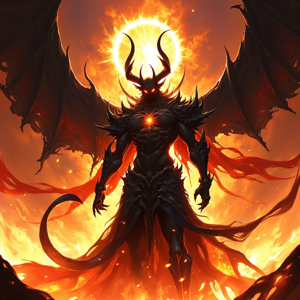 digart Surreal sci-fi digital art style, detailed, A digital illustration shoot from a below camera angle about a demonic creature with a halo, set against a fiery background. the image also shows dramatic lighting and a fiery atmosphere. on the middle of the image, a demon, who appears to be in a powerful stance, is standing in the center of the frame. the demon has a muscular build with sharp, pointed horns and a long, flowing cape. its wings are spread wide, and it has a glowing, orange halo above its head, giving it an ethereal appearance. it is wearing a dark, flowing gown with intricate details, and its eyes are glowing with an intense, intense light. the background is filled with fiery orange and red hues, creating a dramatic contrast with the demon's dark, fiery appearance., (artstation:1.3)