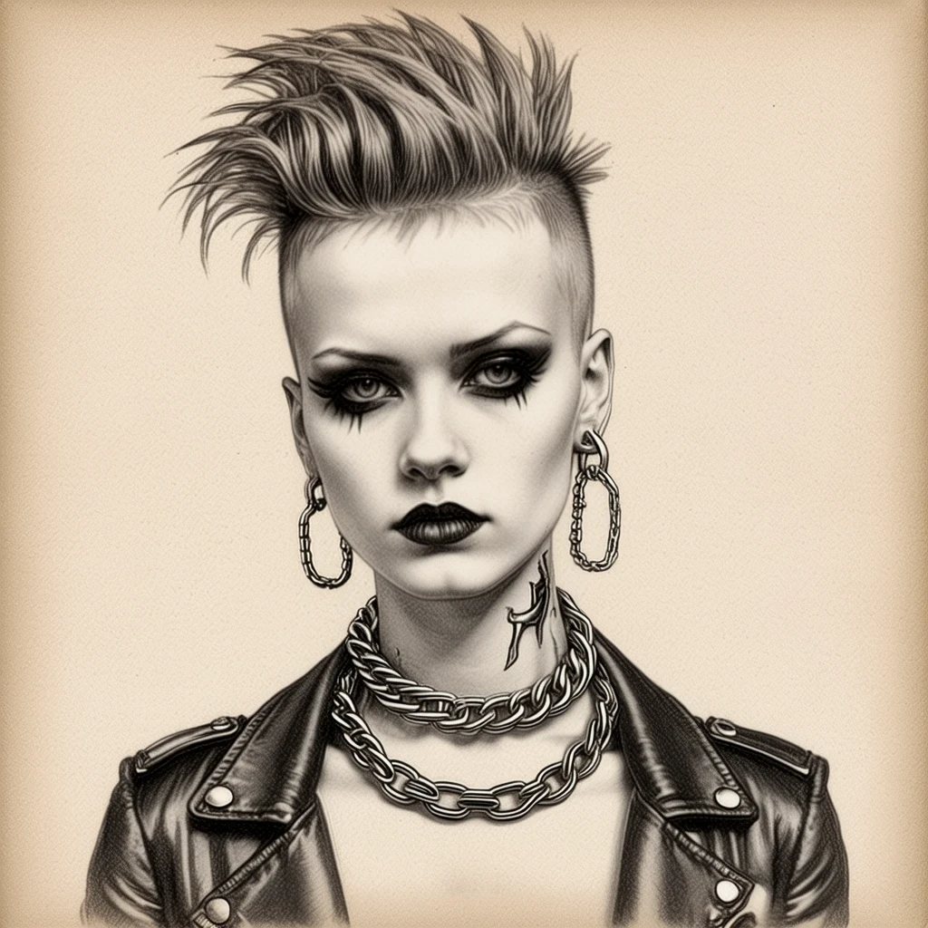 Vintage drawing of a punk woman.
Heavy chain necklace.
vntgdrwngCE_style