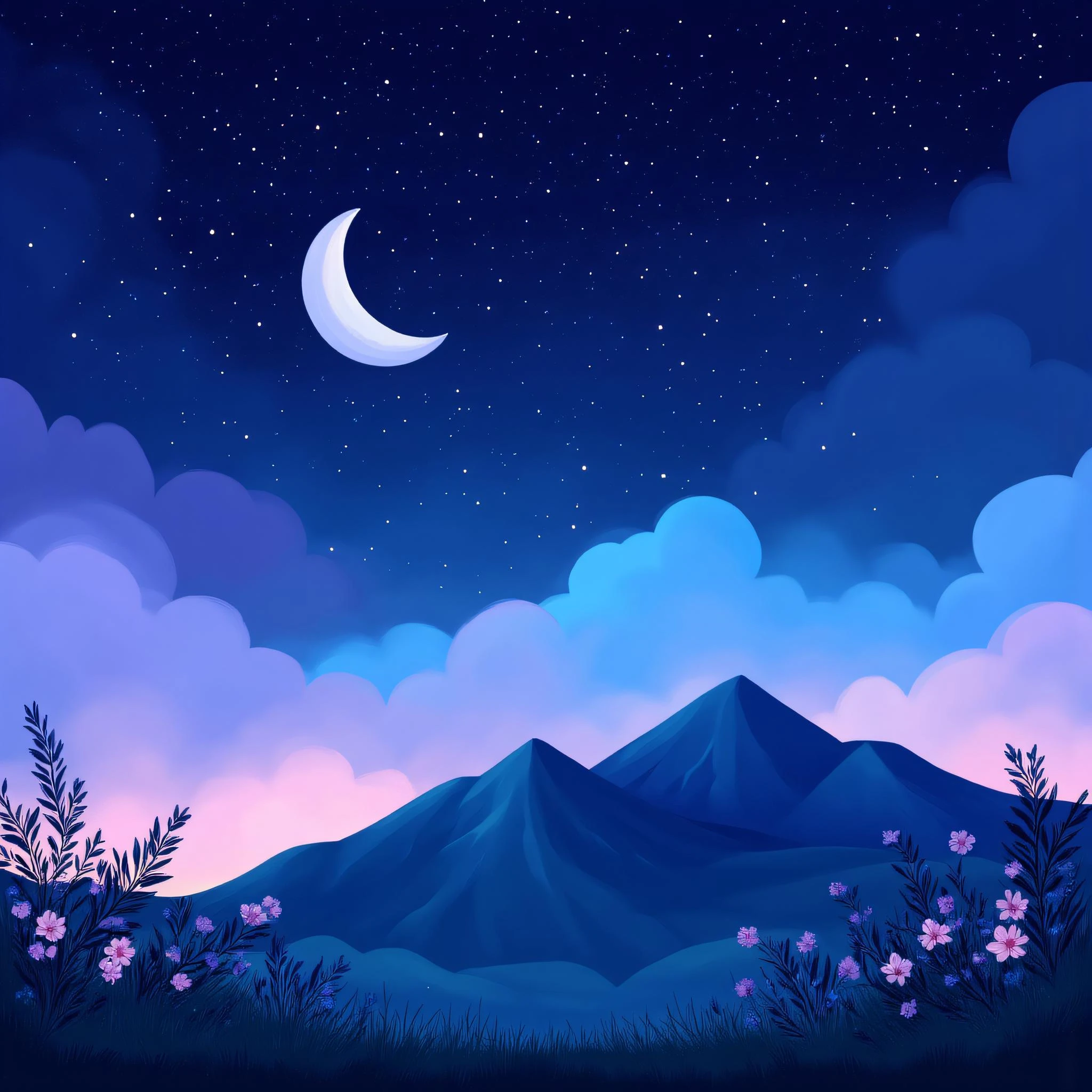 ArsMJStyle, Flat Cartoon Illustration, The image shows a beautiful night sky with a crescent moon in the sky surrounded by stars and mountains. In the foreground there are plants with flowers and grass creating a peaceful and serene atmosphere., no humans, flower, sky, moon, outdoors, scenery, night, star (sky), crescent moon, nature