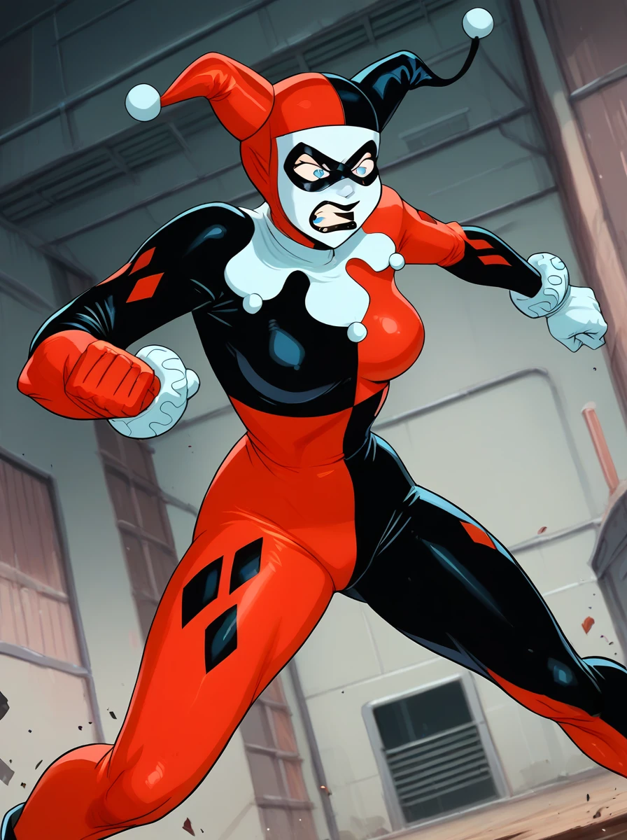<lora:Harley_Quinn_-_Batman_Animated_Pony_v2:0.9>, h4rl3yqu1nn, <lora:PONYXL_LewisArt_ownwaifu:0.7>, jester bodysuit, dutch angle, angry, combat stance, fighting, 1girl, interior, gotham city, white facepaint, jester cap, domino mask, blue eyes, black lipstick, large breasts, white gloves, score_9, score_8_up, score_7_up, score_6_up, score_5_up, score_4_up,