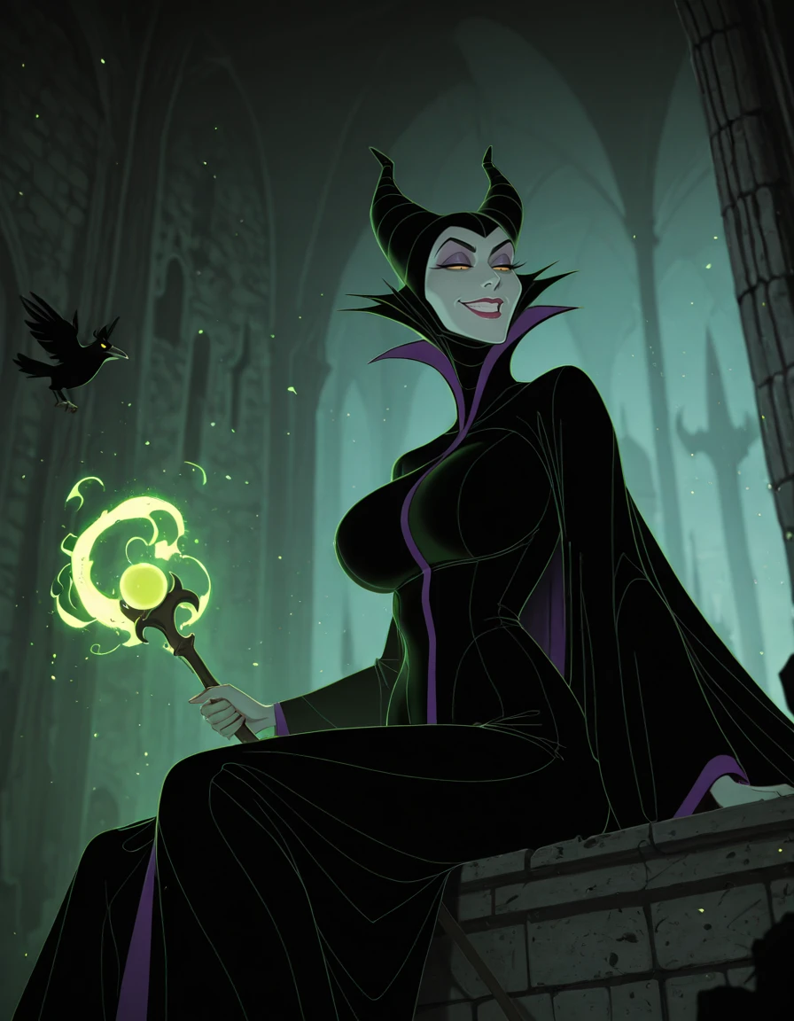 masterpiece, best quality, 1girl, solo, absurdres,
Maleficentdg,
colored skin, yellow sclera,
horned headwear, wide sleeves, high collar, black cape,
large breasts,
from below , Sitting, pretending to hold a small kitten,
half-closed eyes, grin,
castle, interior,
crow on shoulder,
blurry background,
lips, eyelashes, eyeliner,
holding staff, battle, fighting stance,green magic, lips,
neon lights, glowing, dim_lighting,
blurry background,
destruction, fantasy,
embedding:SmoothQuality,