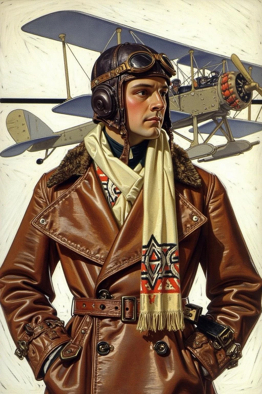 jcleyen1 painting.
A man from the 1920s, dressed in a brown, worn leather pilot's coat with a fur-lined collar, vintage pilot leather helmet . He wears a cream-colored scarf with intricate, geometric patterns, draped around his neck. The scarf appears to have a red and black design. The is a antique airplane in the background. <lora:jcleyen1_cap_d6a3e11:1.0><lora:824044468782088674:0>