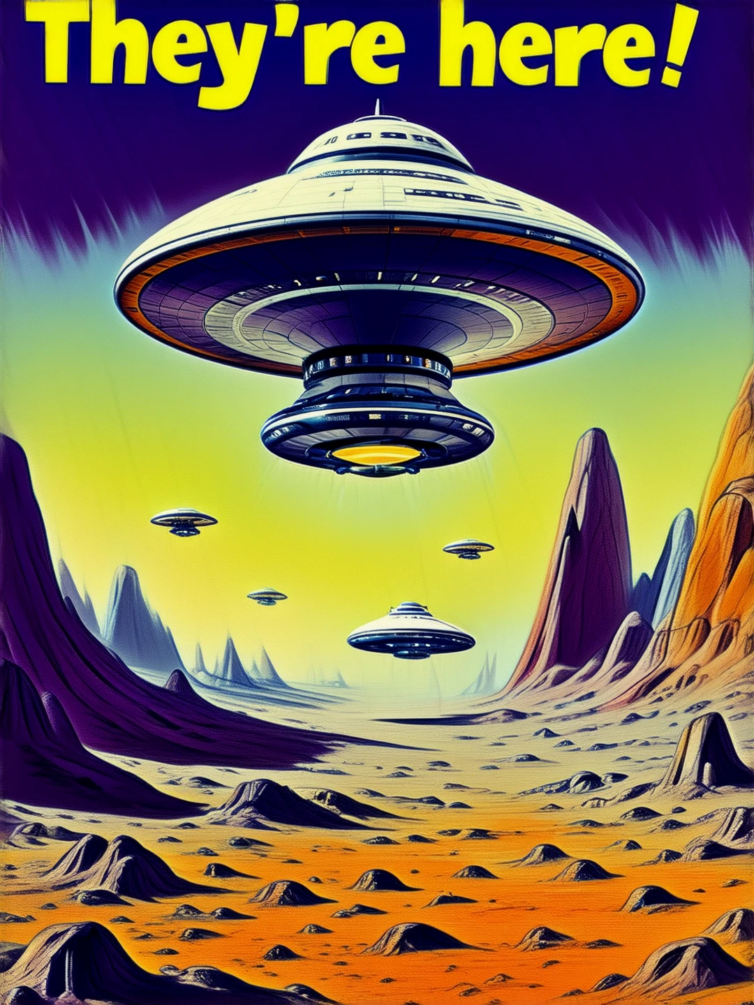 1960s poster. A hovering spacecraft in an alien landscape.
"They're here!"
rtropopCE_style