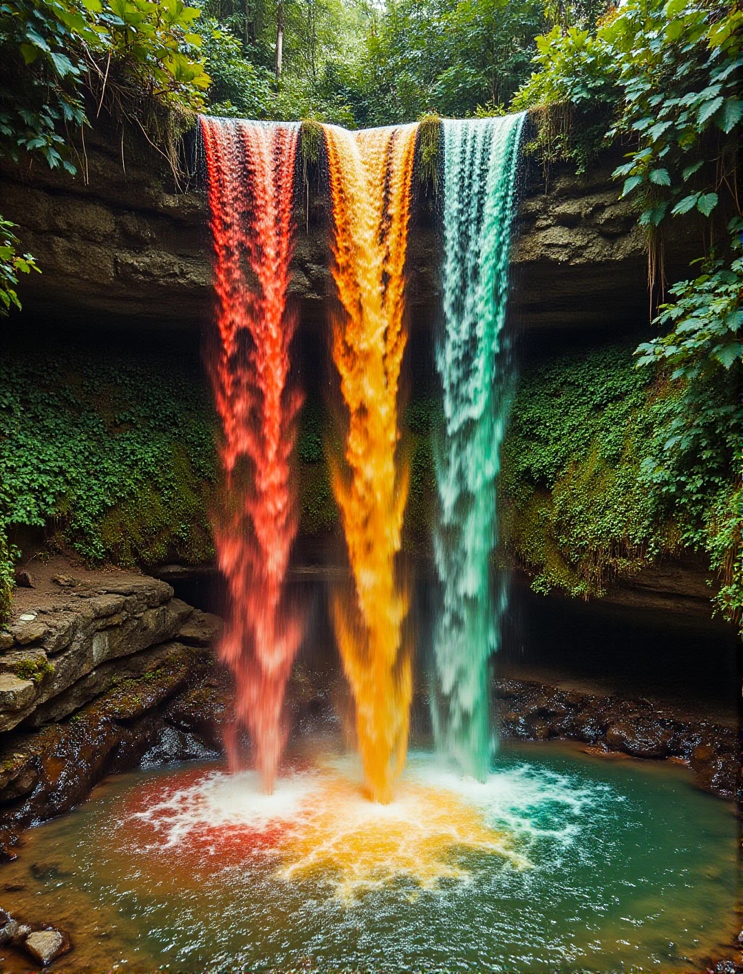 Three streams of multi-colored waterfalls, red, orange and green, merged into a single spit, and the water fell into a stone well