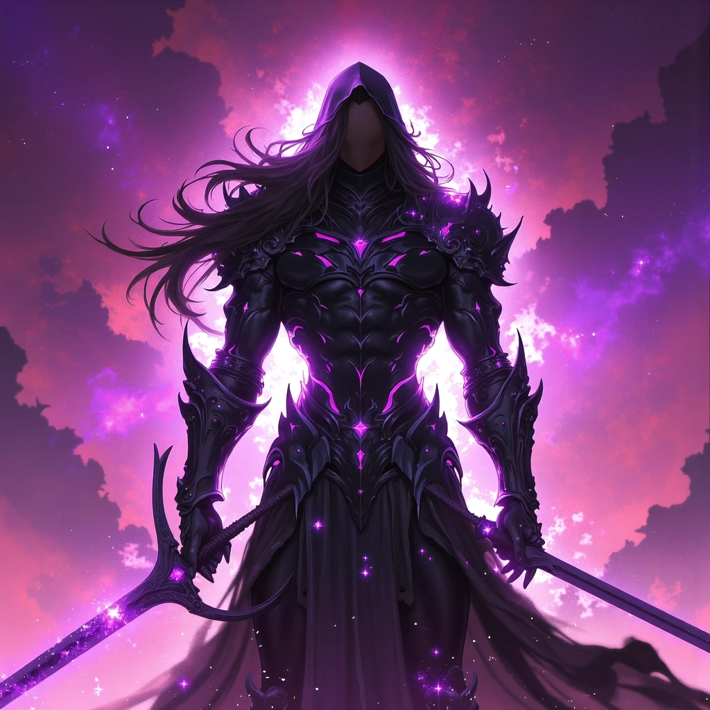 digart Surreal sci-fi digital art style, detailed, A digital illustration shoot from a low angle about a dark fantasy character in intricate armor with glowing purple accents, wielding a sword in a dynamic pose against a vibrant pink and purple background. the image also shows glowing purple particles and a glowing aura around the character. on the middle of the image, a muscular, dark-skinned male, who appears to be in his mid-twenties, with long, flowing black hair and a hood, is standing with his back to the viewer, facing the viewer. he is wearing a black, ornate armor with intricate details and glowing purple gems adorning the armor. the armor is highly detailed and has a glossy finish, giving it a futuristic and powerful look. the character is holding a long, curved sword in each hand, and the background features a starry night sky with pinkish hues, adding to the dynamic and intense atmosphere of the scene. overall, the image exudes a sense of power and strength, making it a captivating piece of digital art., (no logo, no text, no watermark), (artstation:1.3)