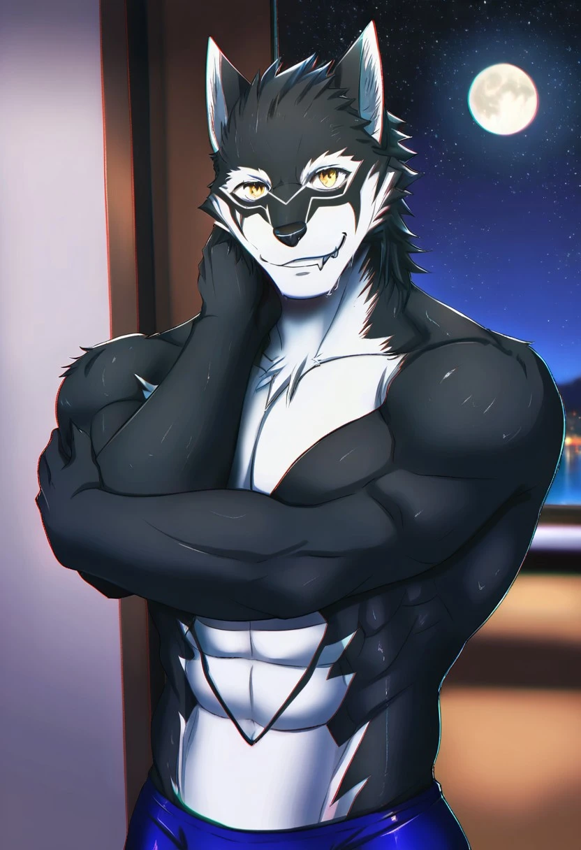 high quality, Masterpiece, best quality, amazing quality, chromatic aberration, detailed, intricate details, photorealism, photorealistic, dutch angle, depth of field, male, solo, furry male, looking at viewer, cowboy shot, draveyar_(fatal force), <lora:DraveyarFF_ILLXL-05:0.9>, wolf boy, black fur, short hair, two-tone fur, muscular, bara, athletic build, abs, yellow eyes, pectorals, large pectorals, navel, detailed background, indoors, inside, nighttime, starry sky, full moon, glowing, topless male, male swimwear, posing, pose, smile, fang, upper body, close-up, feet out of frame, standing, hands on own head, wet, water dripping