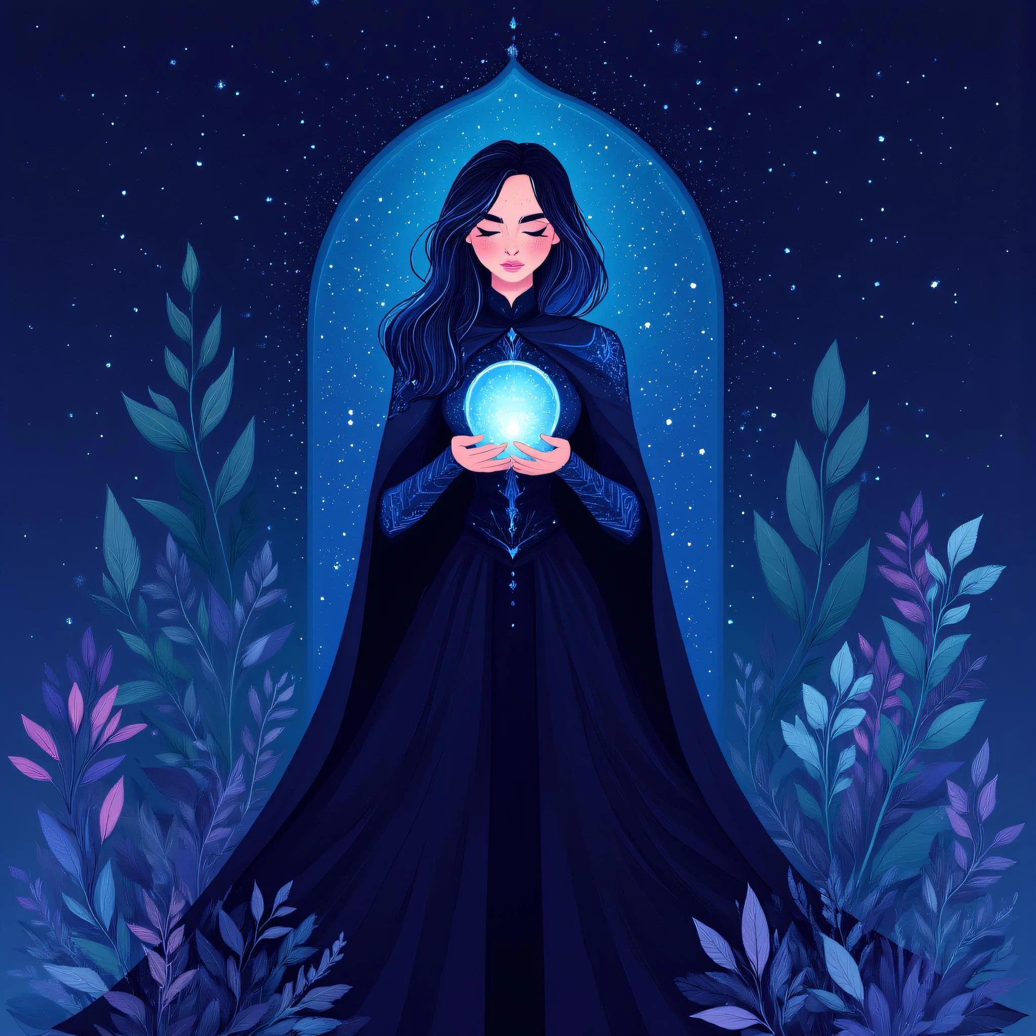 ArsMJStyle, Flat Cartoon Illustration, The image shows a woman in a black dress holding a crystal ball in her hands surrounded by plants and stars in the night sky., 1girl, solo, closed eyes, freckles, blue hair, cape, long hair, black hair, multicolored hair, nature