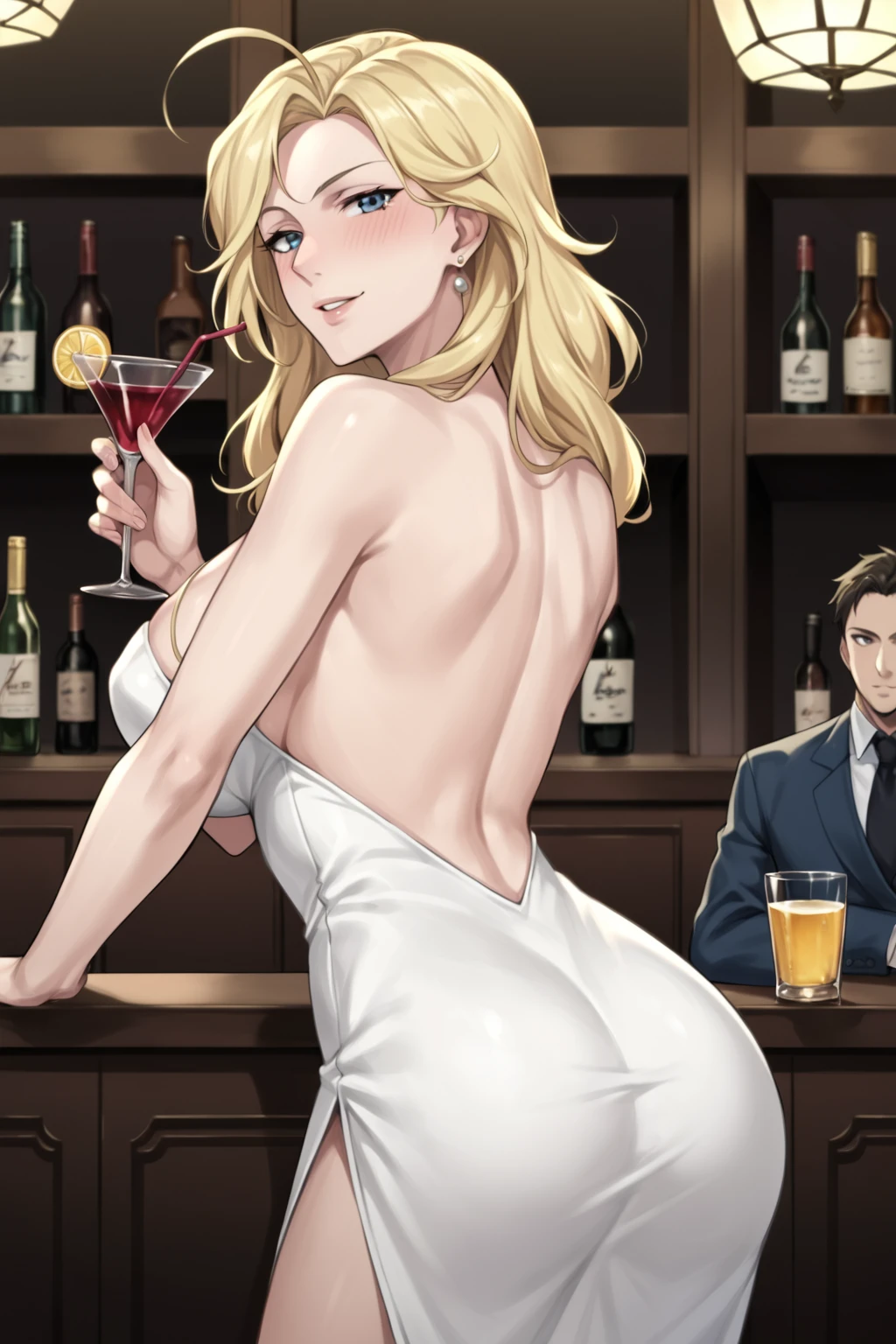 PonyXLV6_Scores BREAK ((parody), perfect anatomy, perfect eyes, cowboy shot), <lora:add_details_xl:0.8> BREAK <lora:Captain_Marvel_-_Marvel_Animation:0.8> carol danvers, long hair, blonde hair, ahoge, blue eyes, flirting, raised eyebrow, blushing, drunk, ((looking back at viewer)), jewelry, earrings, white dress, side slit dress, large breasts, curvy, toned, athletic, seductive pose, drinking at luxurious bar, drinking a martini, indoors