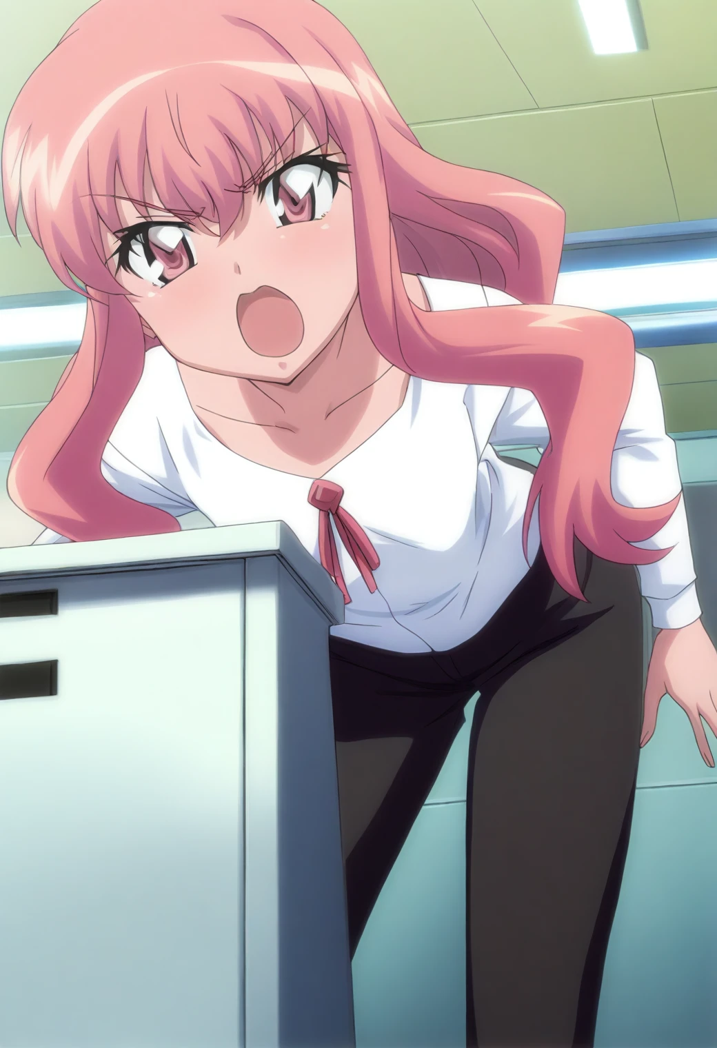 <lora:Louise Francoise - [The Familiar of Zero] - illustriousXL v1:1>, sysdeep_louise, pink hair, pink eyes, anime coloring, flat chest, 1girl, solo, indoors, office, bending over, filing cabinet, white blouse, black pants, long hair, determined expression