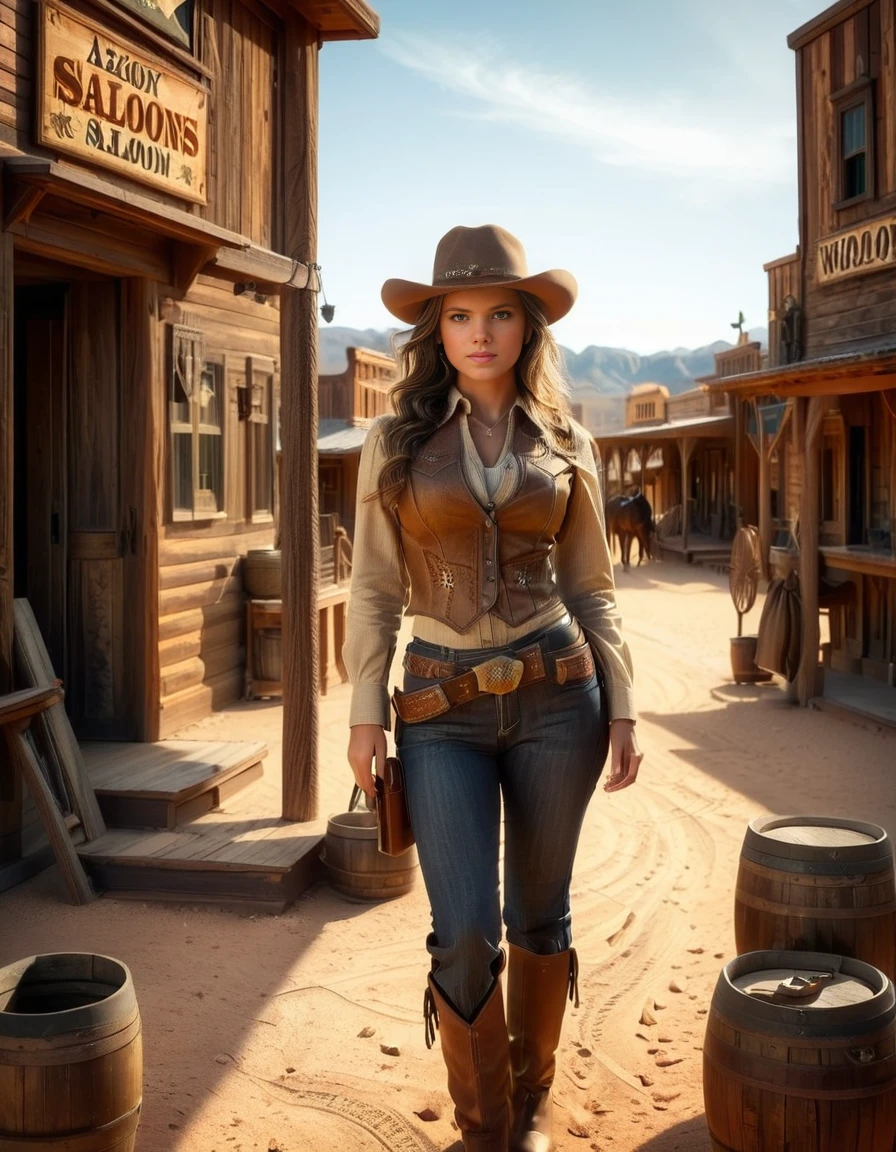 A strong and confident woman dressed in classic Wild West attire stands in the foreground of a dusty Western town. She wears a wide-brimmed leather cowboy hat, a fitted suede vest over a long-sleeved button-up shirt, and rugged brown chaps over denim jeans. A gun belt with a holster rests on her hips, and her boots are worn from travel. Her long, wavy hair flows in the desert breeze, and she has a determined yet mysterious expression, with piercing eyes and a slight smirk. Behind her, the old Western town features a wooden saloon with swinging doors, a sheriffâs office, and a general store with a weathered sign. Horses are tied to wooden posts, and a few cowboys are seen walking in the distance. The sky is a warm blend of orange and gold, hinting at sunset, casting long dramatic shadows across the dusty street. The image captures the essence of the Wild West with a cinematic, photorealistic style, full of rich textures and atmospheric lighting.
<lora:SDXLFaeTastic2400:0.4> <lora:extremely_detailed:0.4> extremely detailed, <lora:Western_v1ll4g3:1>,Western v1ll4g3, Masterpiece,best quality,hi res,8k,hi res,8k,award winning,(sharp focus, intricate, highly detailed),