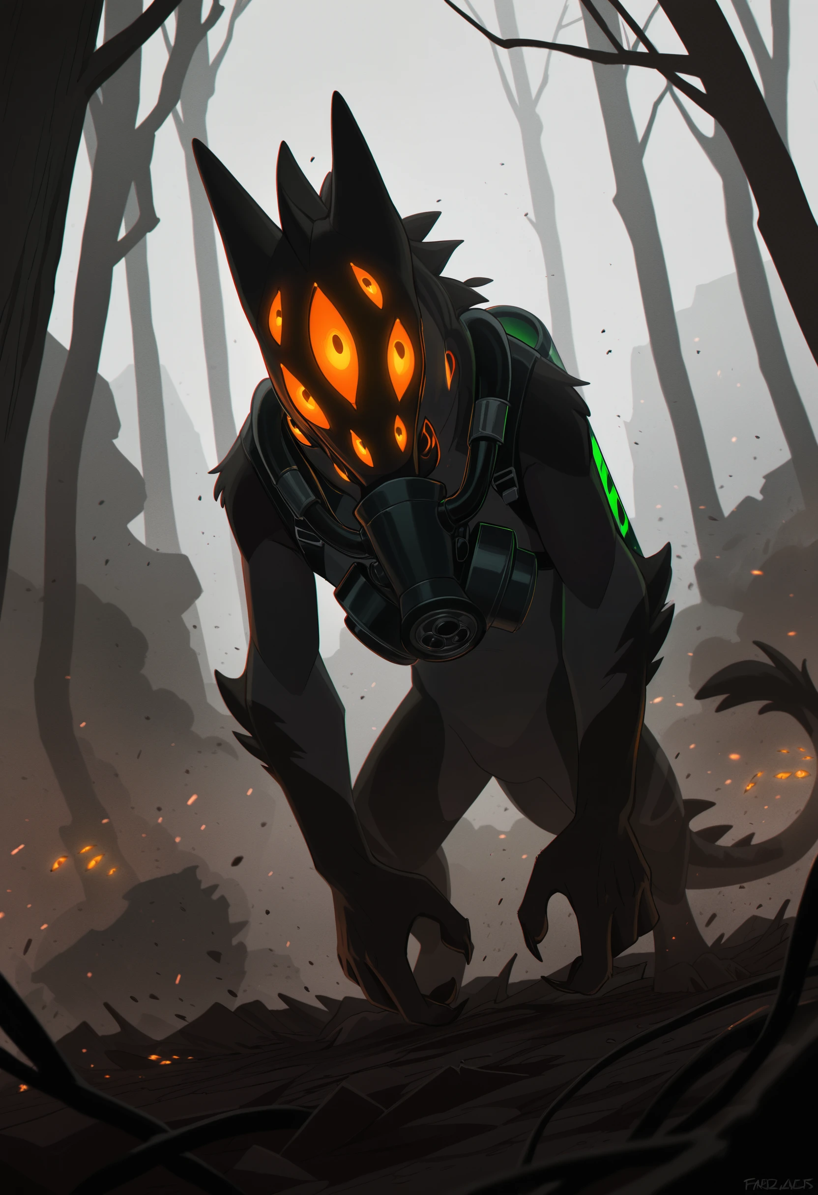 photorealism, photorealistic, chromatic aberration, depth of field, detailed background, eye reflections, reflections, detailed body, dutch angle, male, solo, 1boy, adult, male focus, tail, male focus, looking at viewer, j3rry_cos, extra eyes, (anthro, furry:1.15), no humans, solo, glowing eyes, (close up, radiation, ashes, dust, worried, wastelands, zombie apocalypse, chemical protection, gas mask, oxygen tank, infection, particles, broken cars, devastation, destruction, withered plants:1.05), standing, front vire, masterpiece, best quality, amazing quality, very aesthetic, absurdres, newest, (artist:syuro:0.8), (artist:nomax:0.5), (artist:honovy:0.6), (artist:kenket:0.6), (artist:taran fiddler:0.6), <lora:Jerry_Creatures_Of_Sonaria_Illustrious:1.0>,