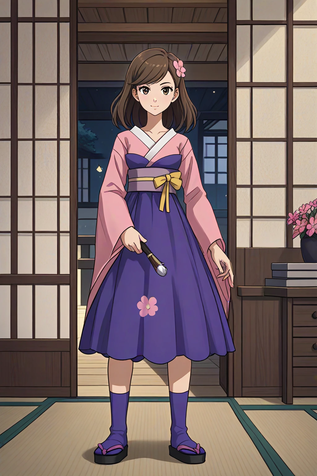 1girl, solo, standing, dojo, tatami, full_body, close-up, girl_focus, furiblossom, long_hair, brown_hair, hair_flower, dark_skinned_female, brown_eyes, japanese_clothes, kimono, pink_kimono, purple_skirt, sash, wide_sleevees, kneehighs, purple_socks, sandals, masterpiece,amazing quality,very aesthetic,high resolution,ultra-detailed,absurdres,newest,ncserena, ((anime style, source anime)), (vibrant colors), score_9,score_8_up,score_7_up,source_anime