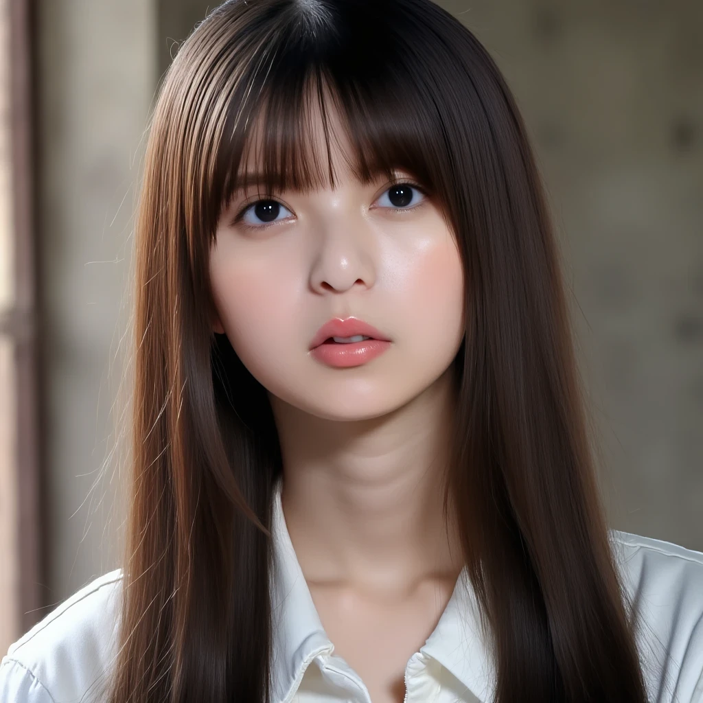 asuka. This image is a highly detailed close-up portrait of a fair-skinned young woman. Her hair is longer than shoulder-length, with bangs covering her forehead. She is wearing a white dress shirt and gazes directly at the camera (me) with a neutral expression. The background is blurred, keeping the focus on her face. The overall atmosphere is calm. The lighting is natural and soft, with warm tones.