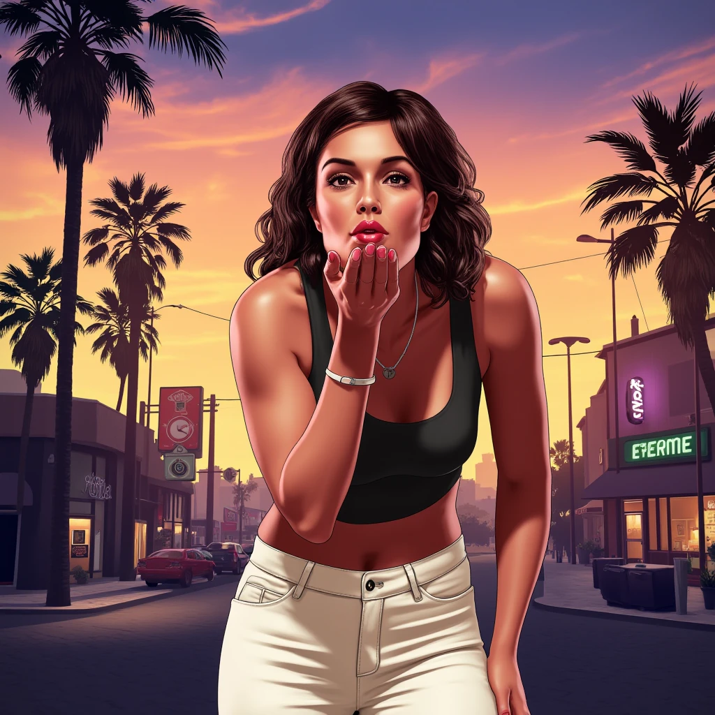 UHD, 4k, ultra detailed, cinematic, a photograph of <lora:drawing gta style v2:0.8>
Digital drawing art style a woman blowing a kiss with her hand, perfect image, sharp image, detailed image, vivid color style, bright tone, high color constrat, high saturation, high quality image style, 80's style, 90's style, cinematic art style, grand theft auto art style, solo, long hair, breasts, looking at viewer, brown hair, hair ornament, navel, cleavage, brown eyes, green eyes, earrings, hairclip, midriff, pants, bracelet, lips, makeup, leaning forward, white pants, large breasts, outdoors, tree, crop top, tank top, motor vehicle, sunset, palm tree, car, neon lights, medium breasts, cowboy shot, tattoo, body writing, street, city, arm tattoo, epic, beautiful lighting, inpsiring